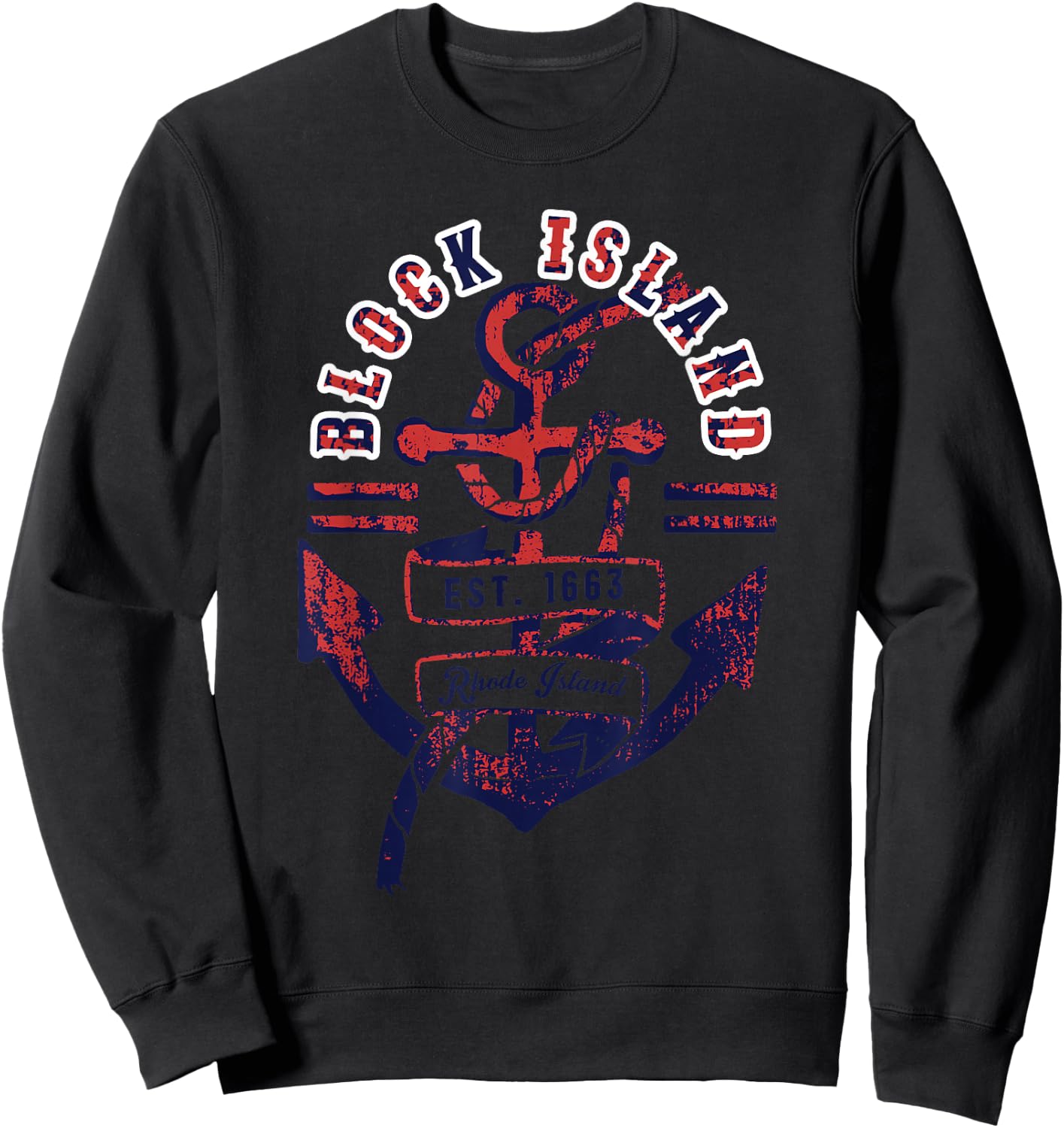 Vintage Distressed Anchor & Rope Block Island Rhode Island Sweatshirt - Sweatshirt | Black