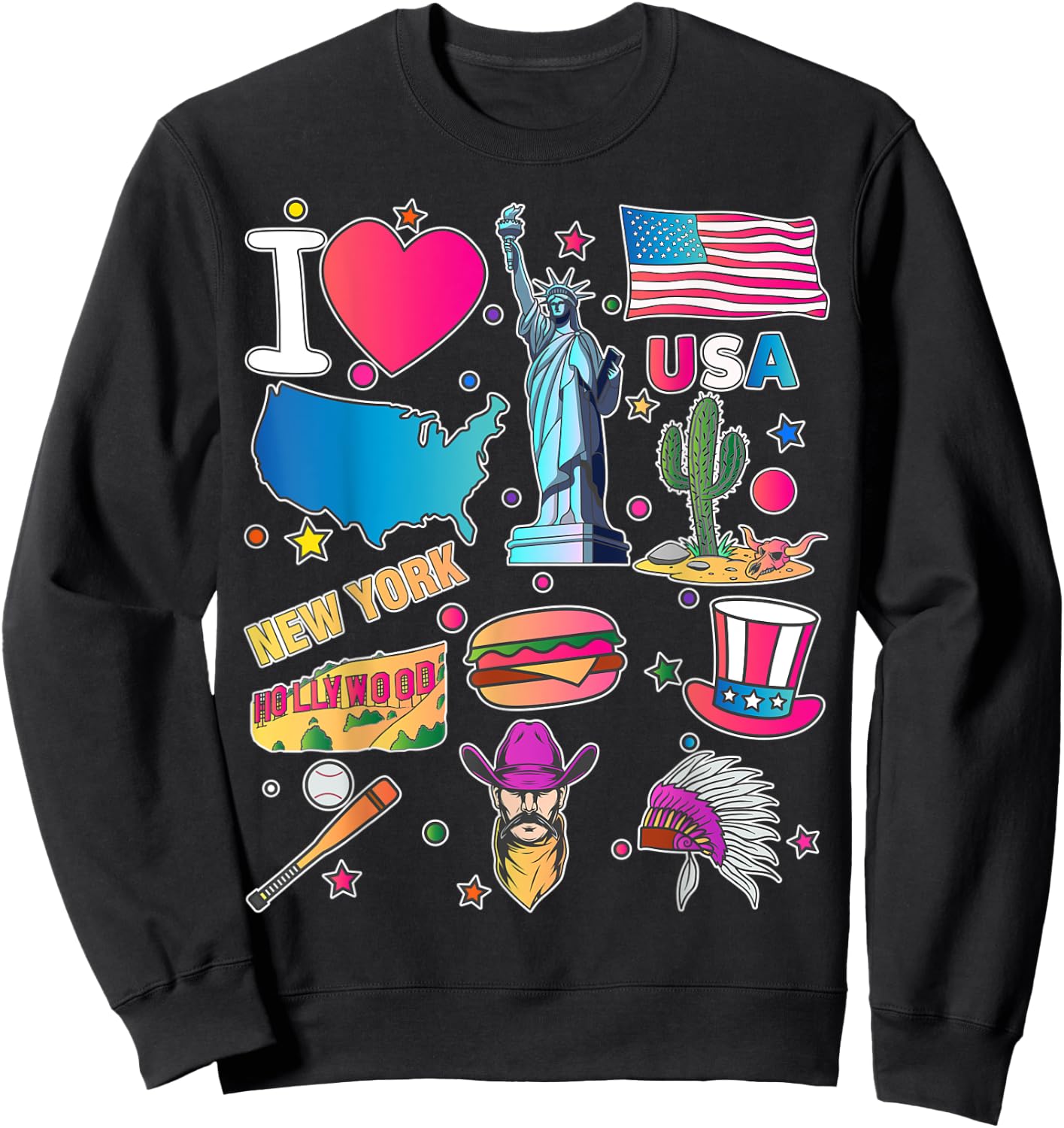 hand drawn American travel symbols, USA map, Cultural icons Sweatshirt - Sweatshirt | Black