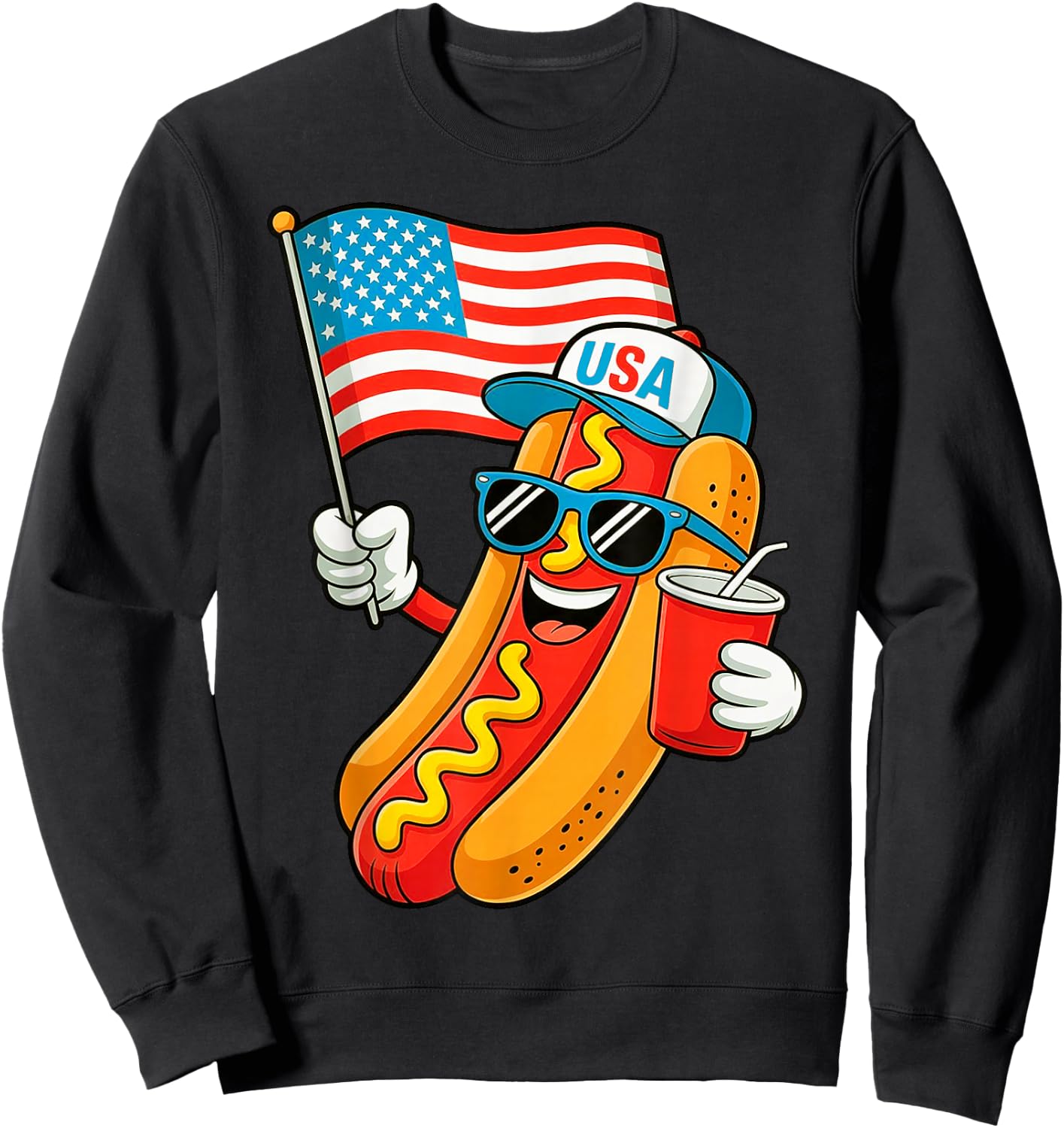 4th of July Hotdog Funny Fourth of July Patriotic USA Flag Sweatshirt - Sweatshirt | Black