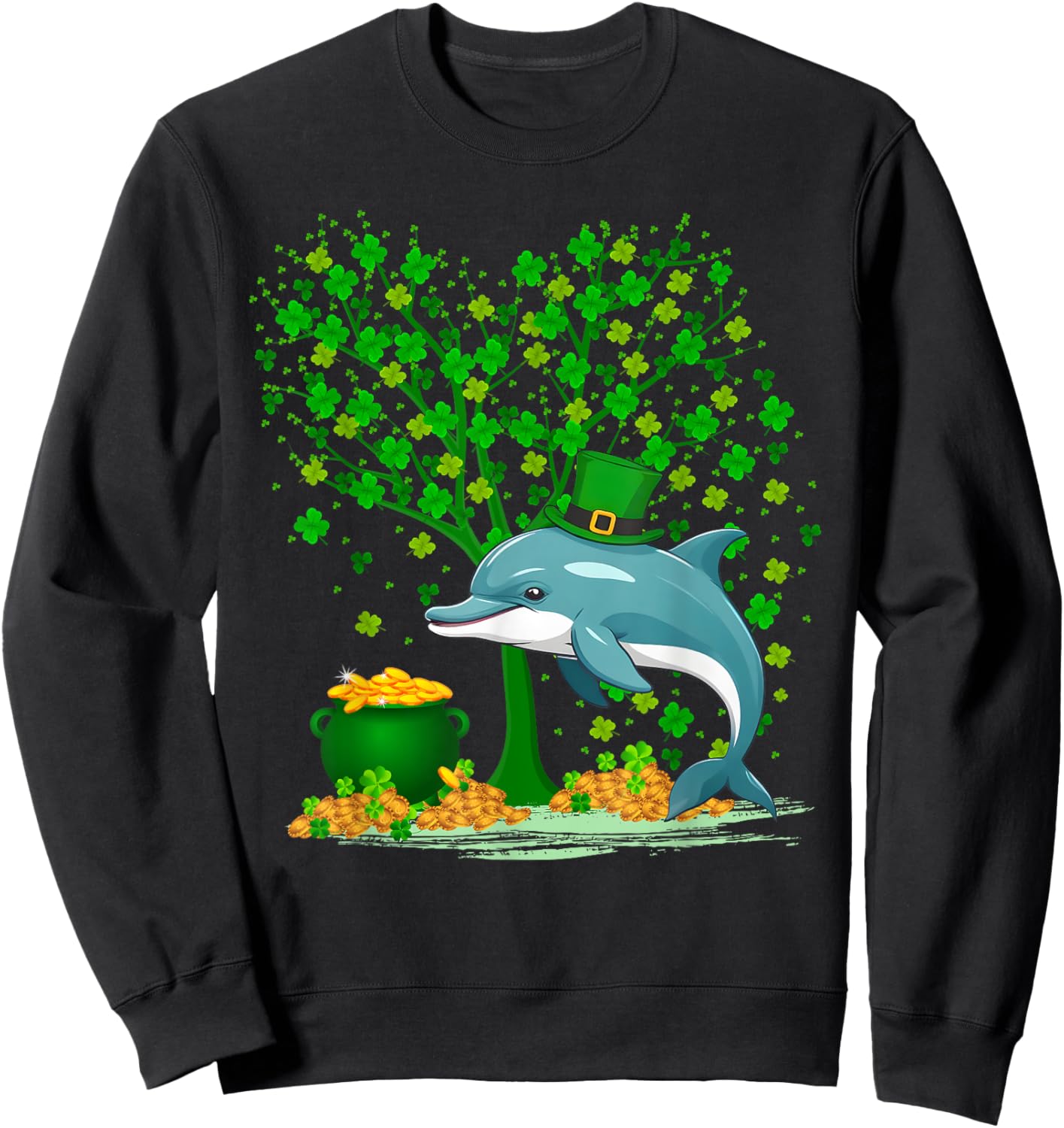 Shamrock Tree Leprechaun Hat Dolphin St Patrick's Day Sweatshirt - Sweatshirt | Black