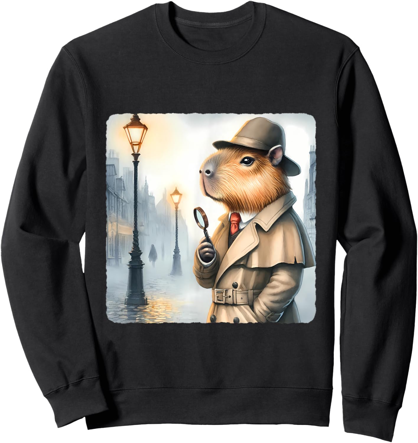 Capybara Detective With Magnifying Glass. Trench Coat Hat Sweatshirt - Sweatshirt | Black