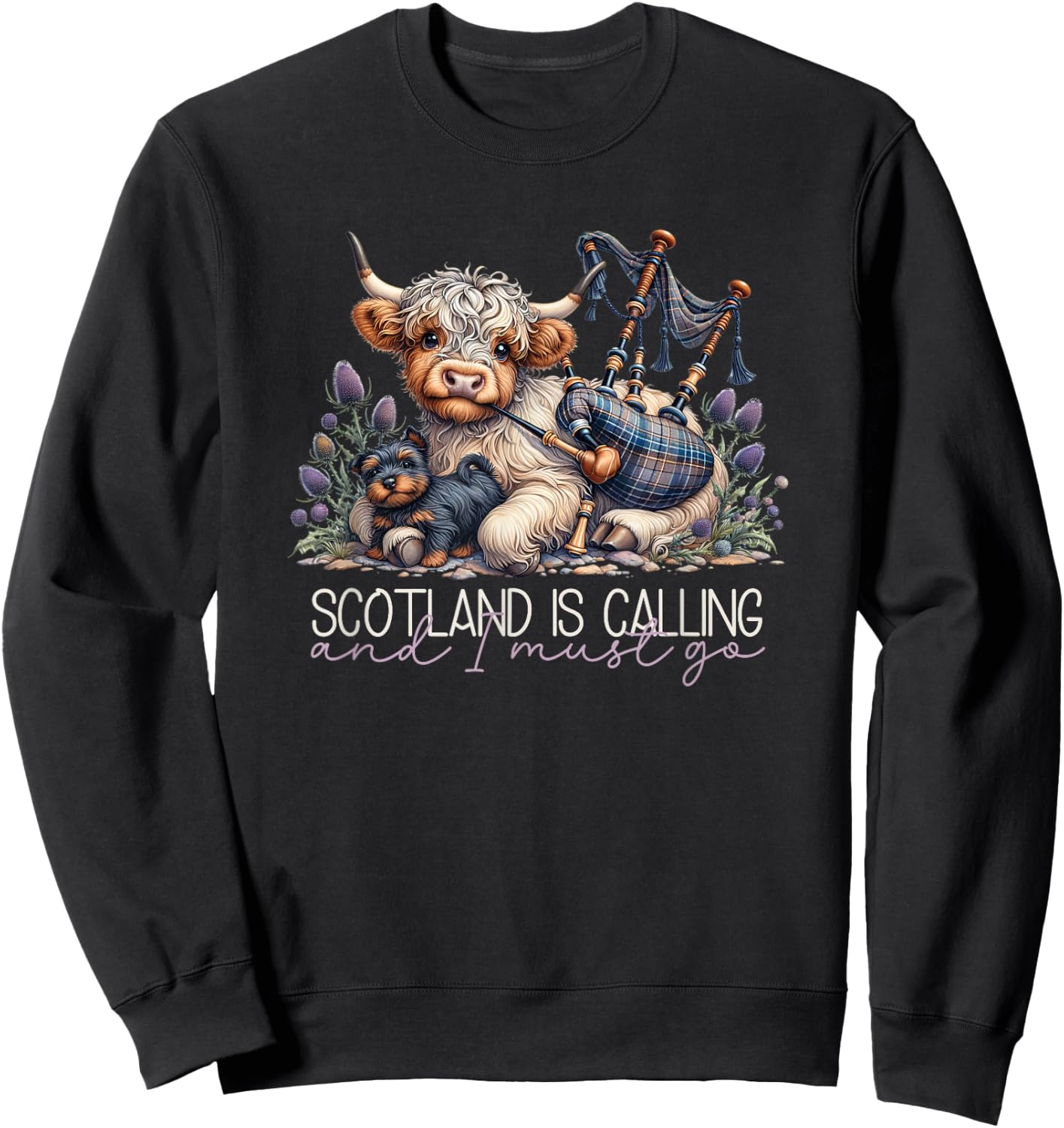 Scotland is Calling Scottish Highland Cow Bagpipes & Thistle Sweatshirt - Sweatshirt | Black