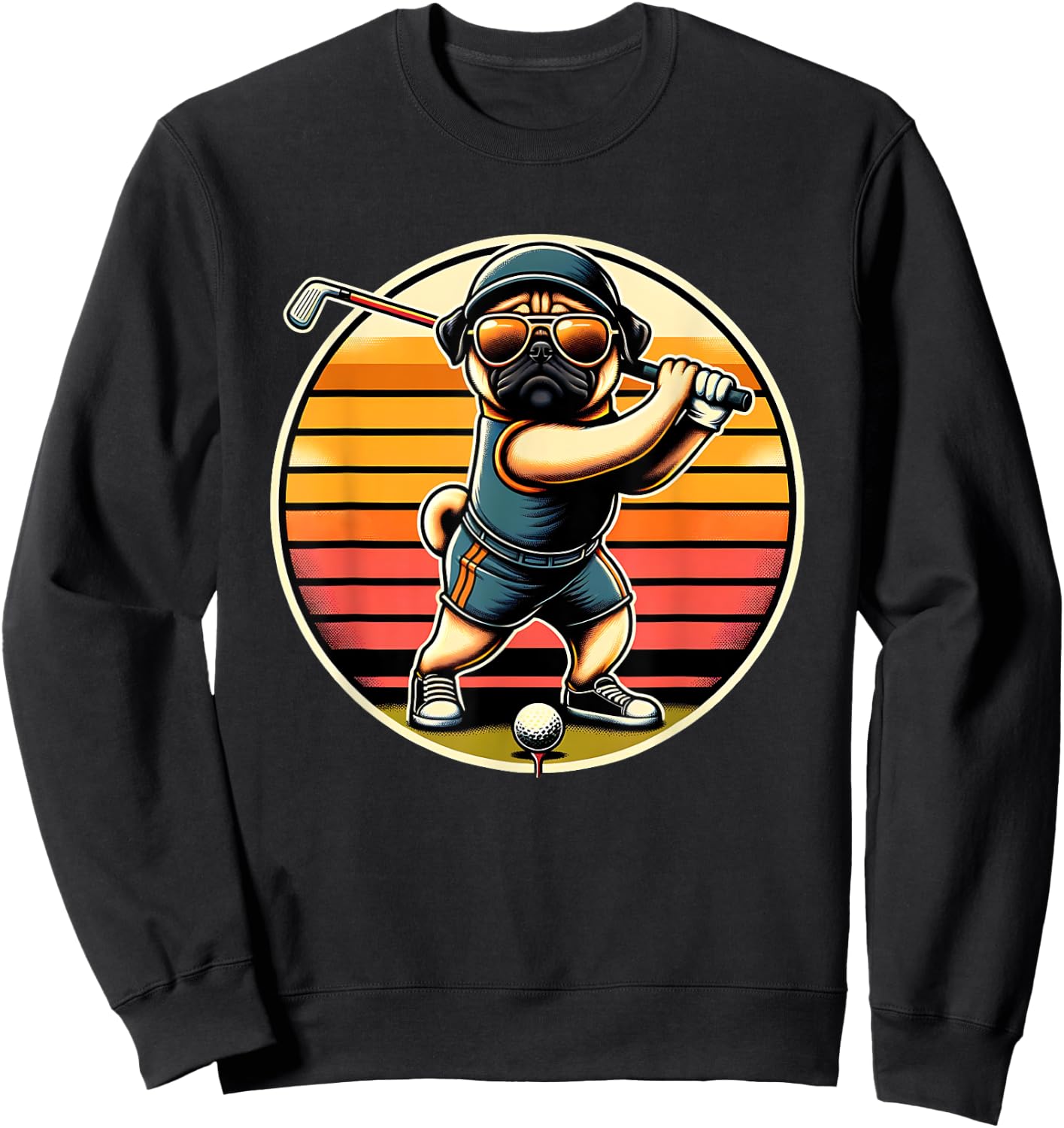 Pug Dog Golfer With Sunglasses Funny Golfing Art Men Women Kids Sweatshirt - Sweatshirt | Black
