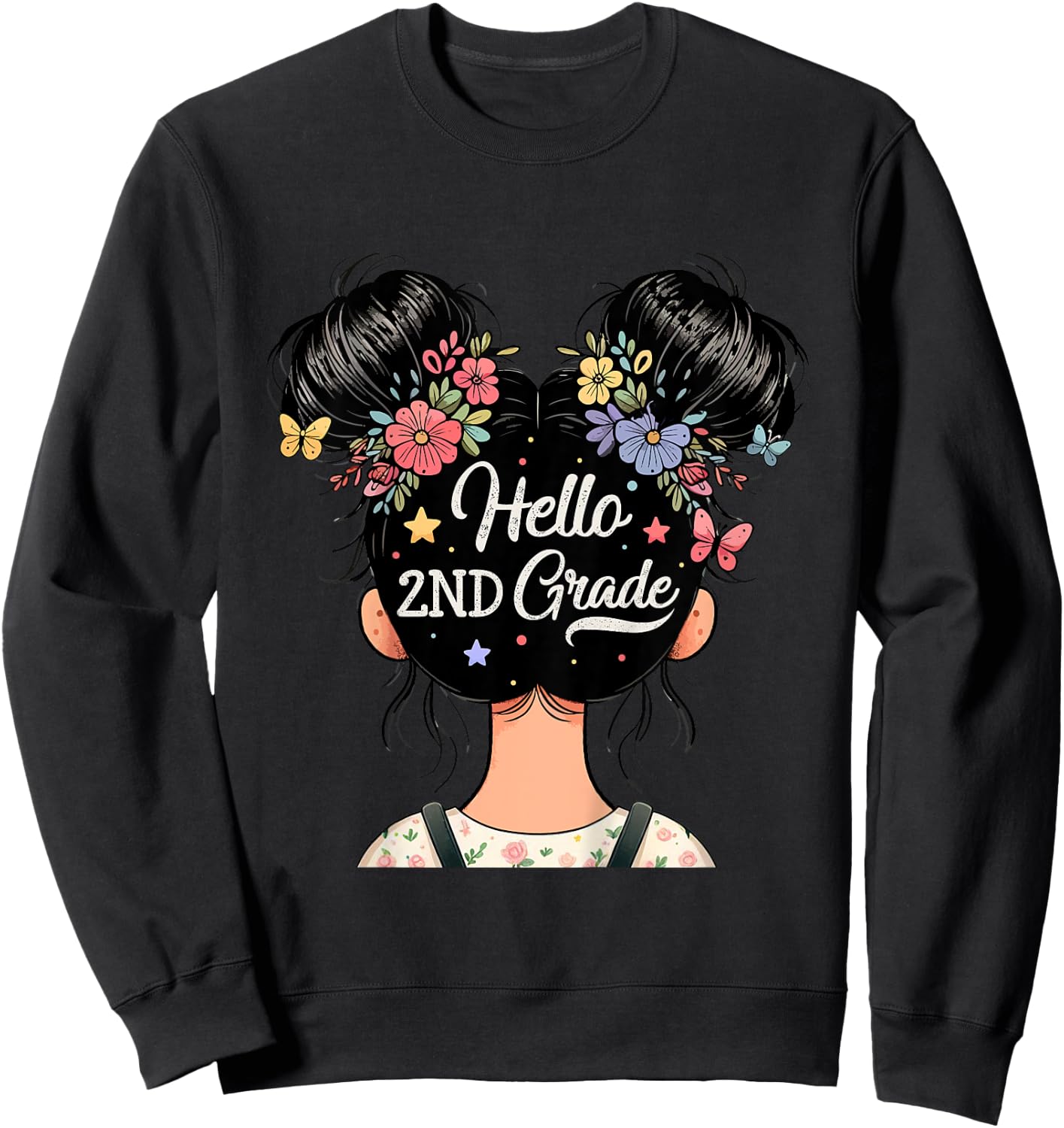 Kids Hello 2nd Grade Messy Hair Bun Girl Back To School Kids Sweatshirt - Sweatshirt | Black