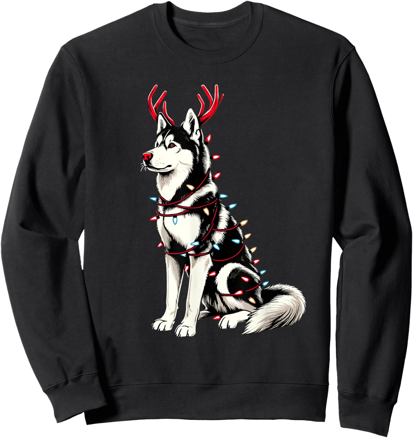 Siberian Husky Santa Christmas Lights Pajama, Merry Wolfmas Sweatshirt - Sweatshirt | Black