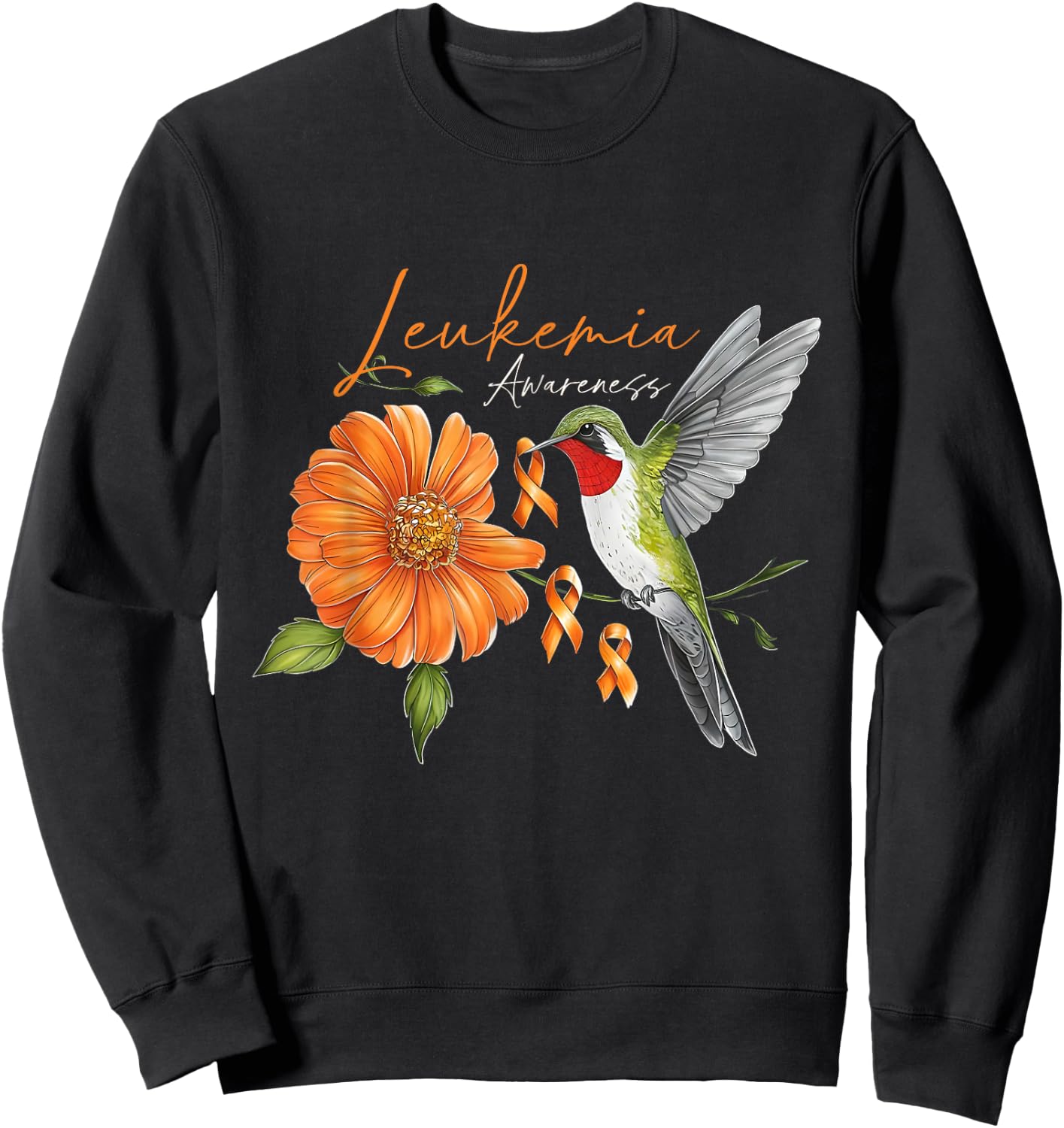 Hummingbird Orange Ribbon Sunflower Daisy Leukemia Awareness Sweatshirt - Sweatshirt | Black