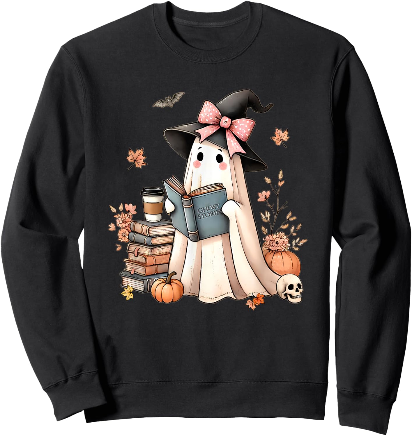 Cute Ghost Reading Book Librarian Book Lover Sweatshirt - Sweatshirt | Black
