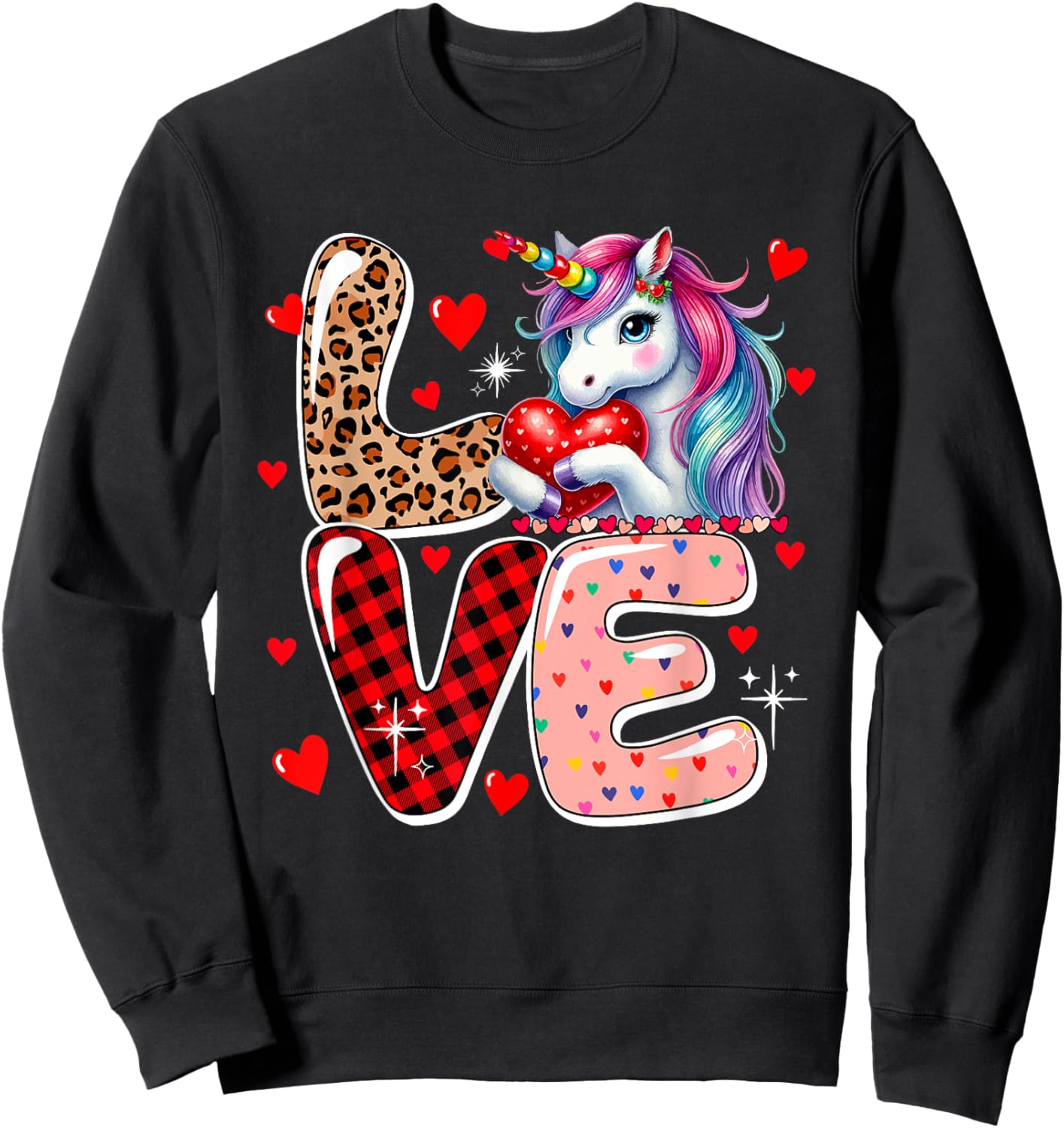 LOVE Unicorn Leopard Cute Hearts Valentine's Day Kid Toddler Sweatshirt - Sweatshirt | Black