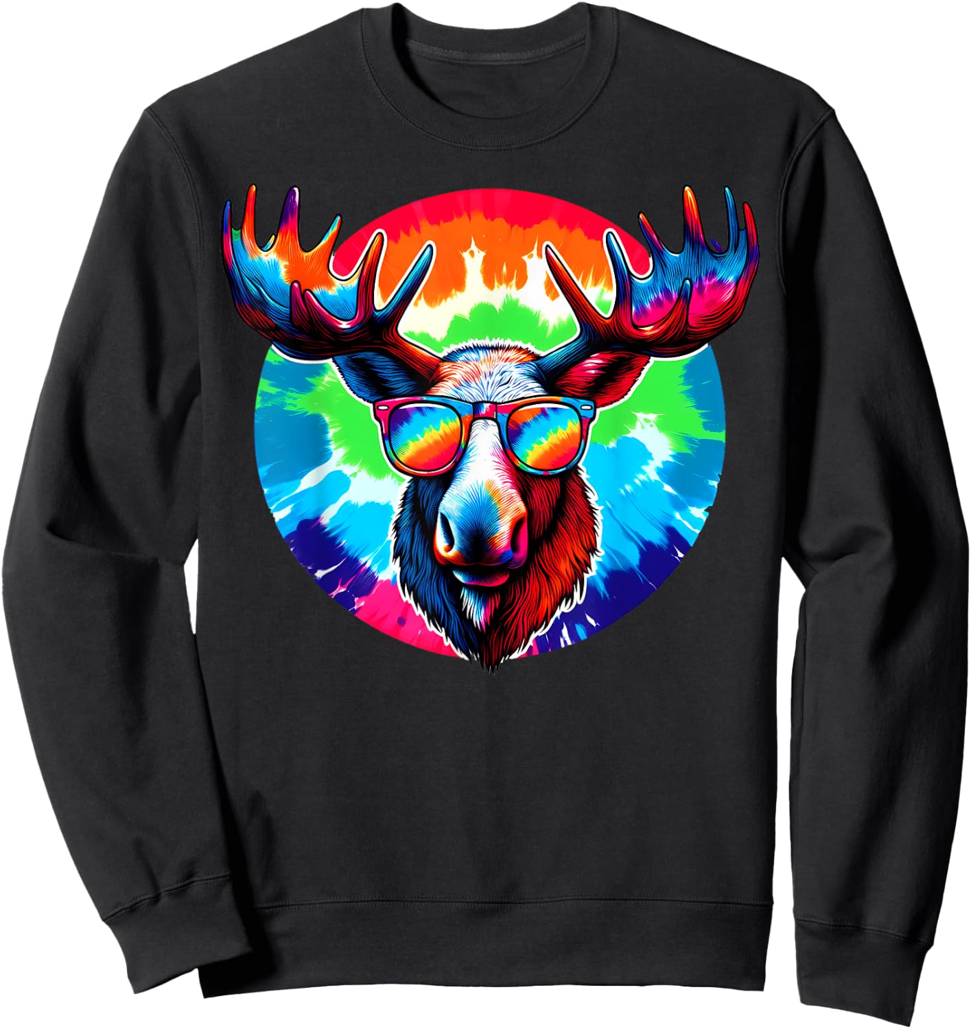 Cool Tie Dye Sunglasses Moose Illustration Art Sweatshirt - Sweatshirt | Black