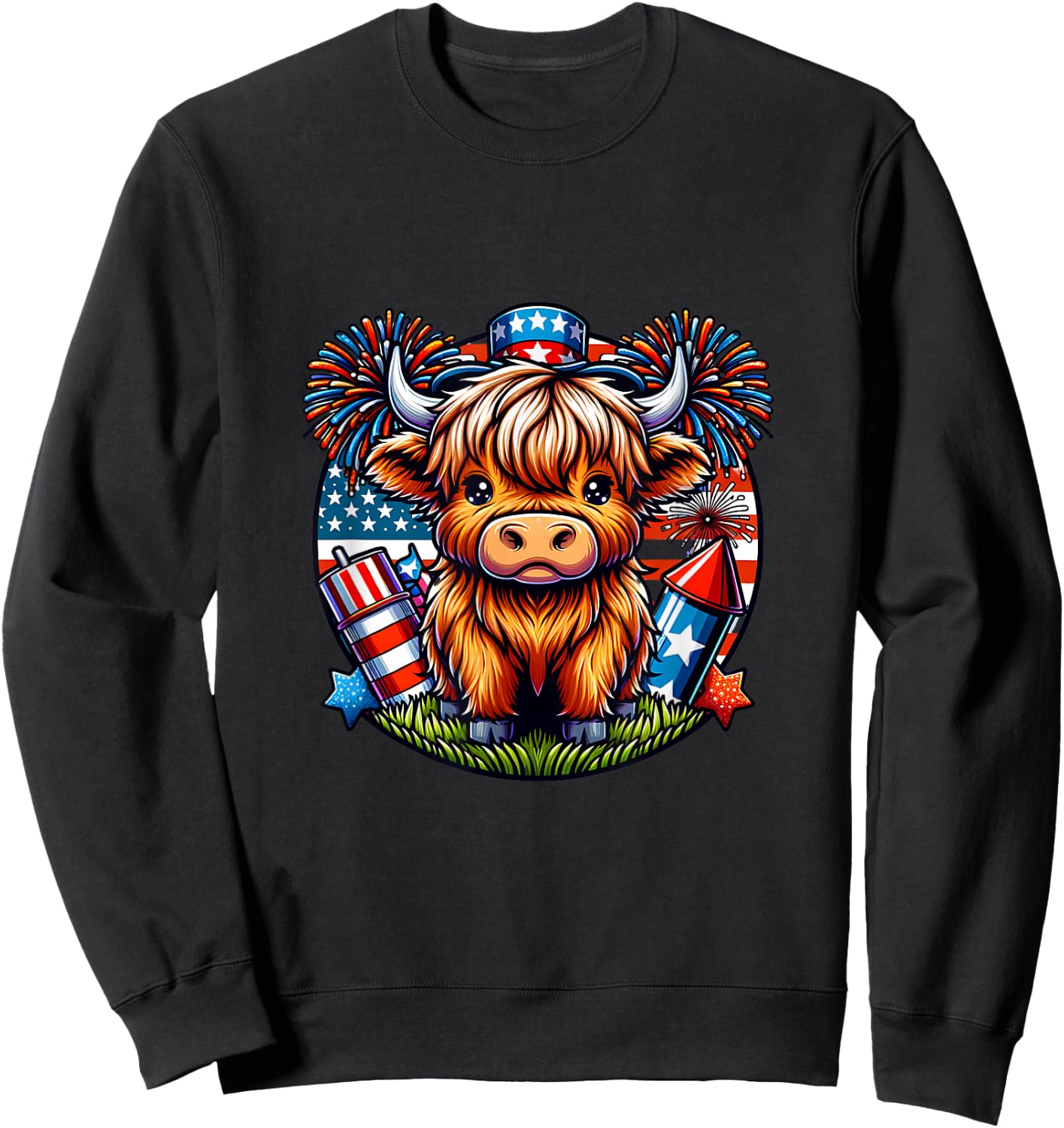 4th of July Highland Cow Patriotic Cute Cow Farmer Sweatshirt - Sweatshirt | Black