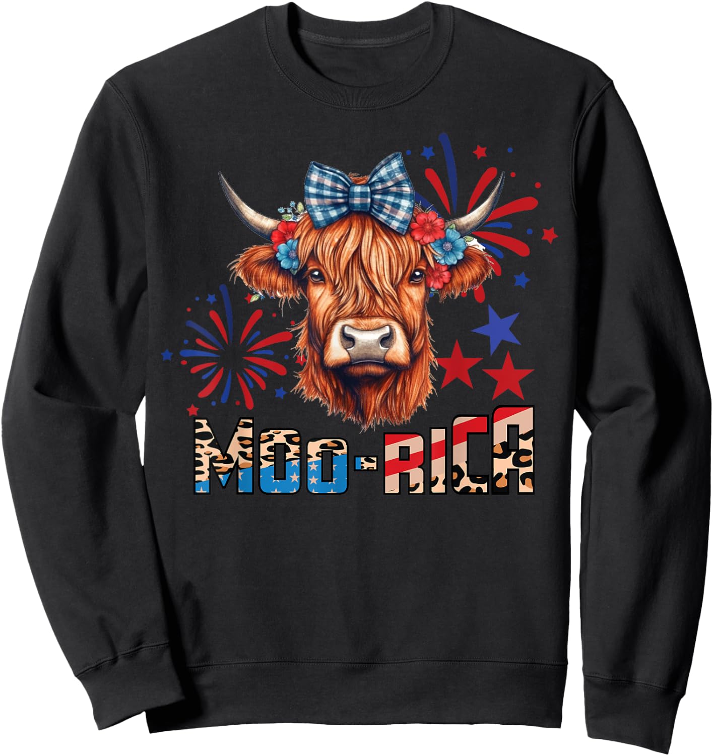 Moo-Rica Highland Cow 4th of July Memorial Day Patriotic Cow Sweatshirt - Sweatshirt | Black