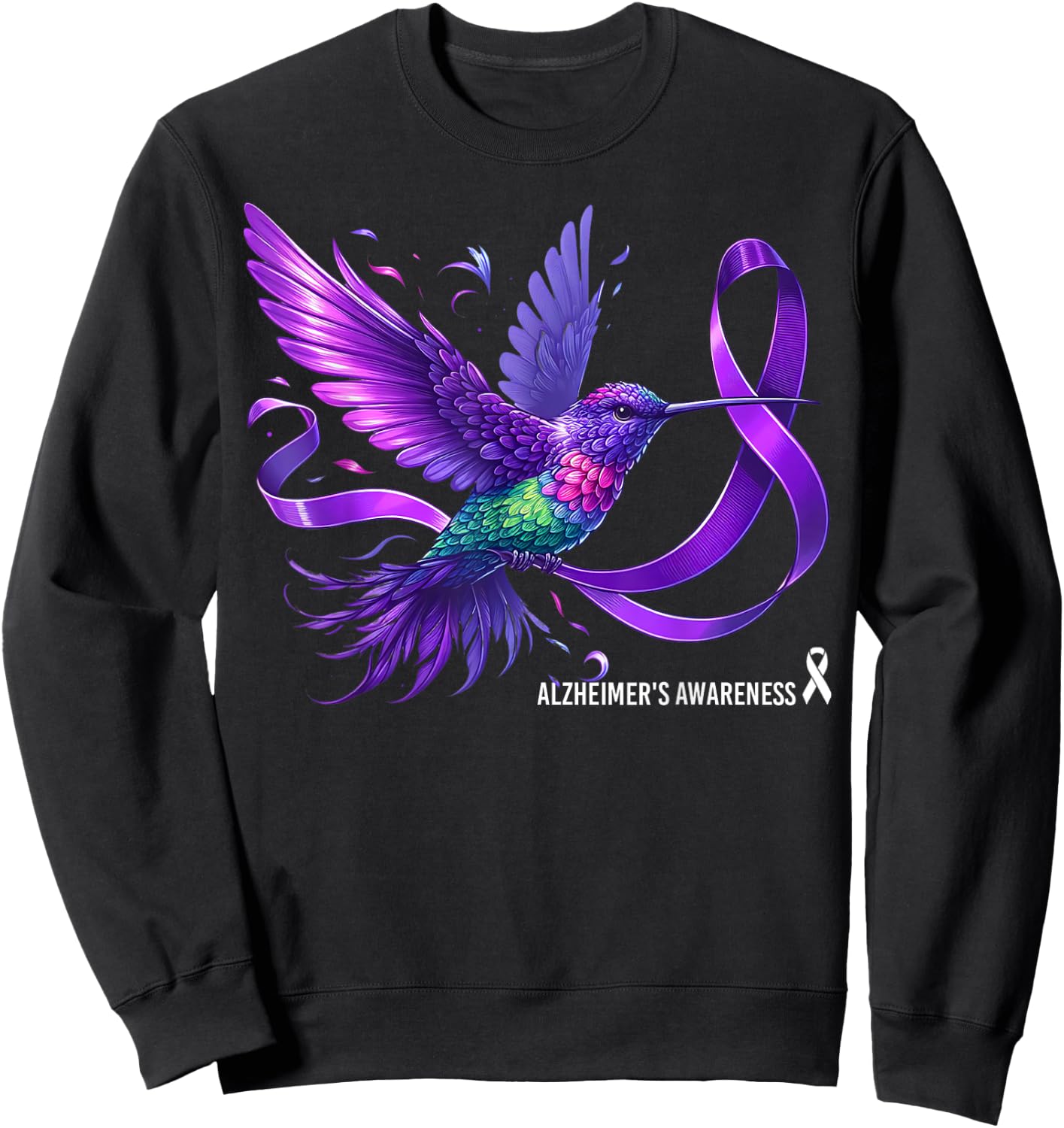 Hummingbird Holding Purple Ribbon Alzheimer's Awareness Sweatshirt - Sweatshirt | Black