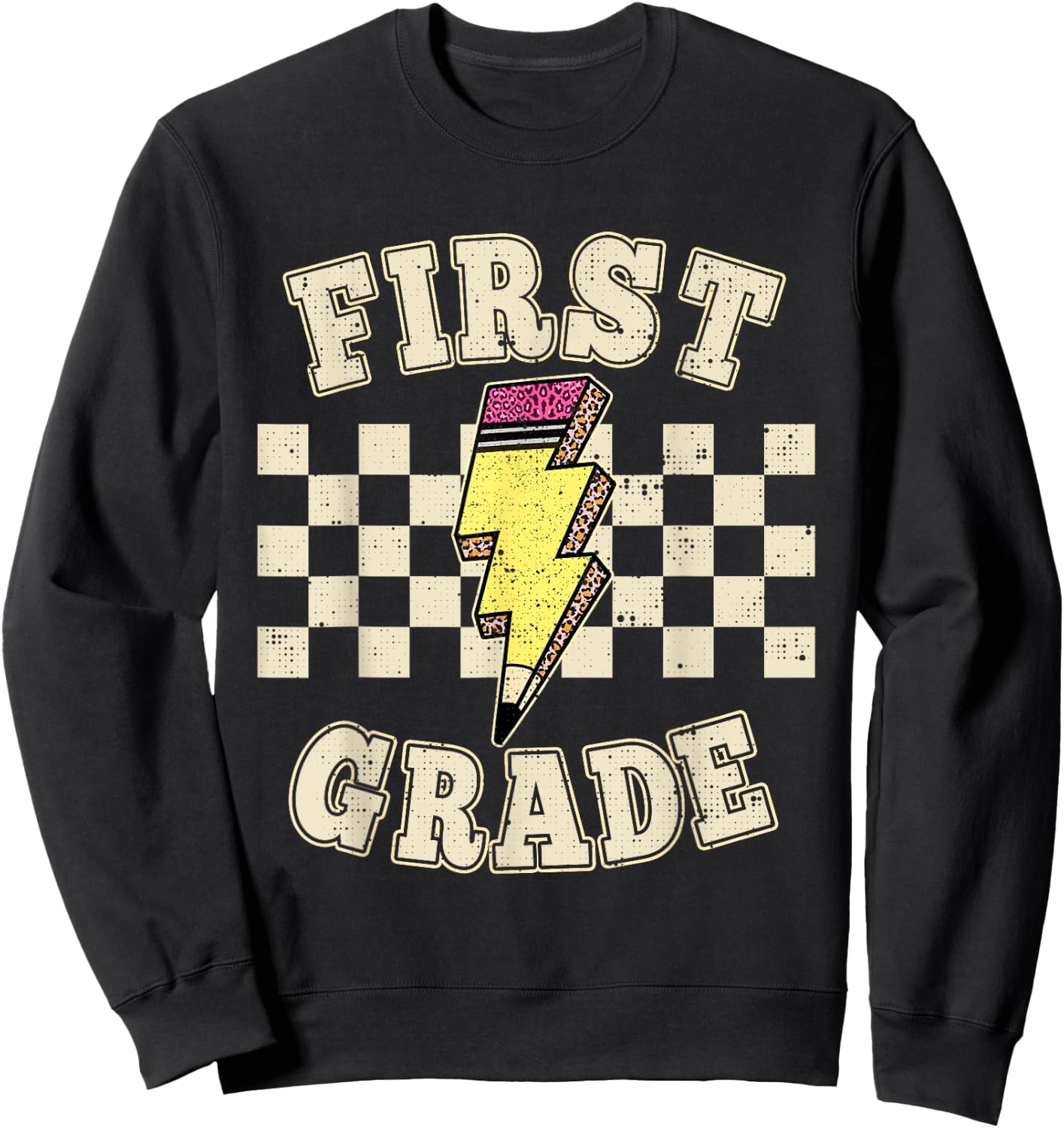Retro 1st First Grade Teacher Lightning Bolt Pencil Teacher Sweatshirt - Sweatshirt | Black