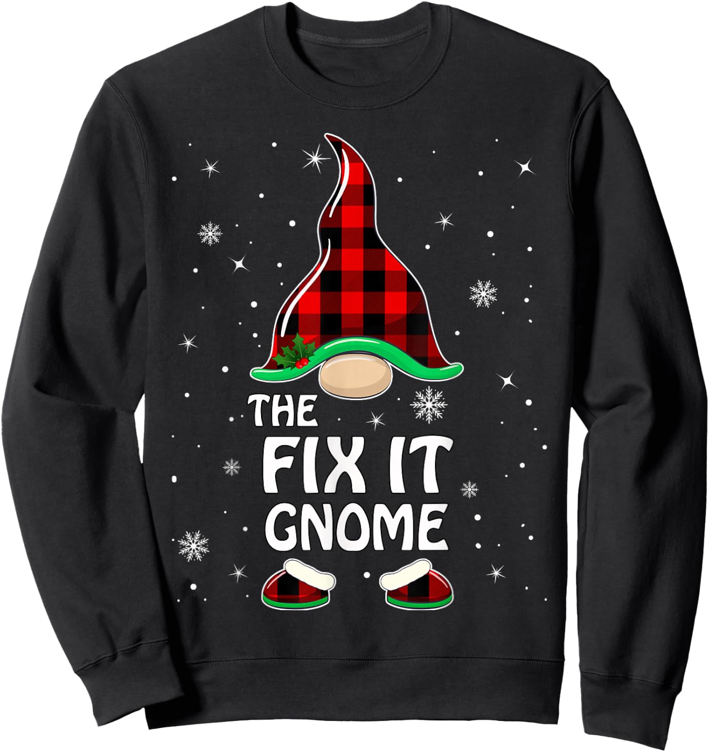 Fix It Gnome Buffalo Plaid Matching Family Christmas Pajama Sweatshirt - Sweatshirt | Black