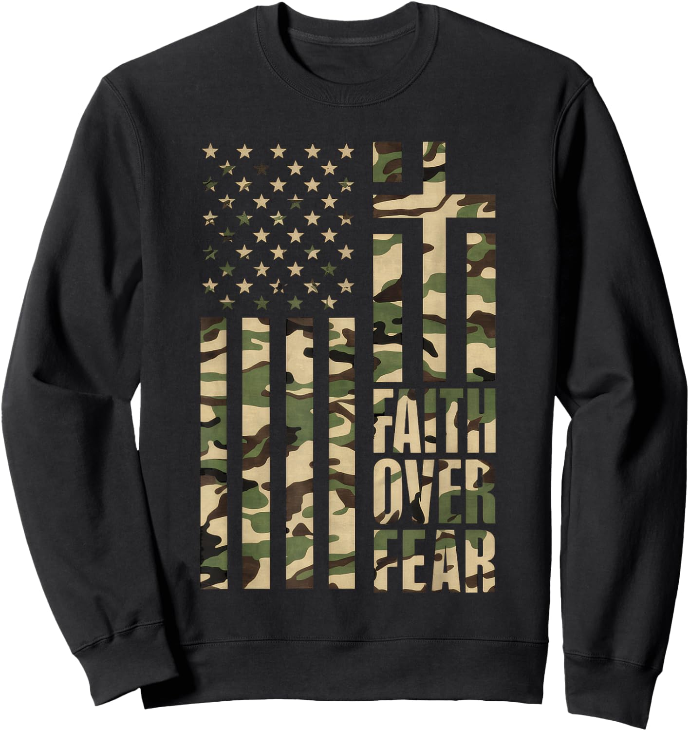 Christian USA Flag Cross Back Print Faith Over Fear Top Sweatshirt - Sweatshirt | Black