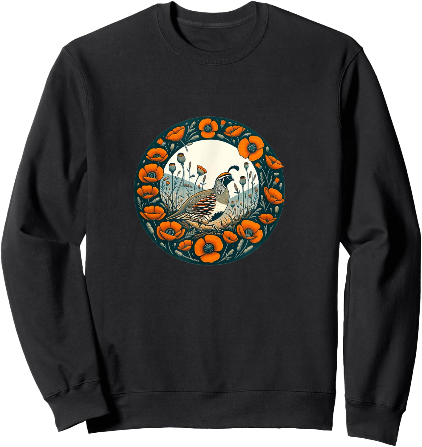 California Poppy and California quail State bird Sweatshirt - Sweatshirt | Black