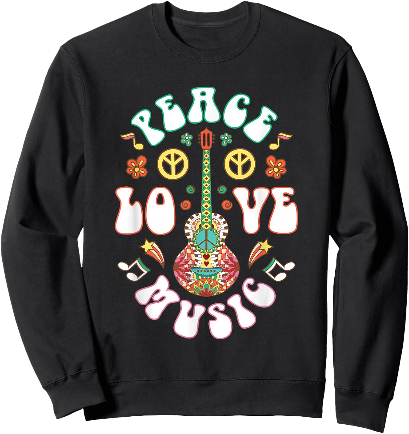 Hippie Hippies Peace Love Music Guitar Retro Hippy Gift Sweatshirt - Sweatshirt | Black