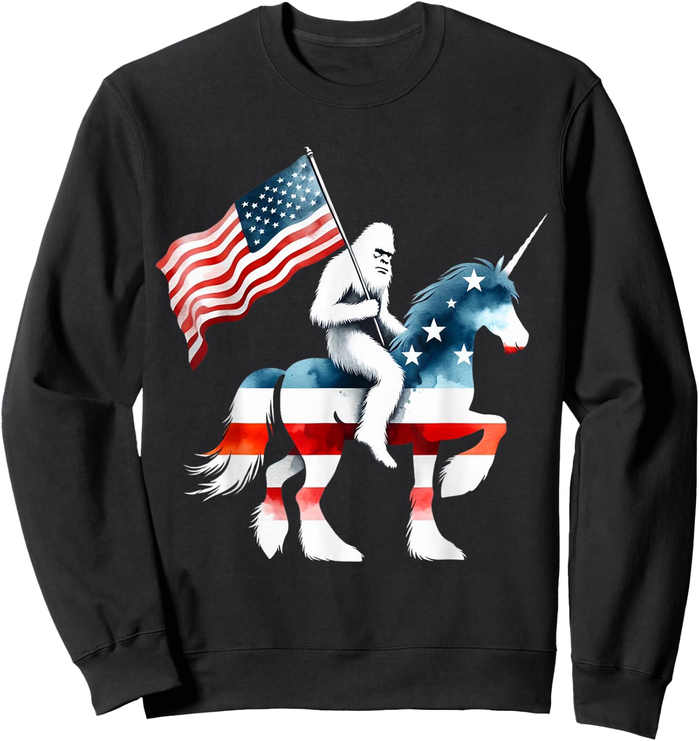 Patriotic Bigfoot Riding Unicorn American Flag 4th Of July Women Kids Men Sweatshirt - Sweatshirt | Black