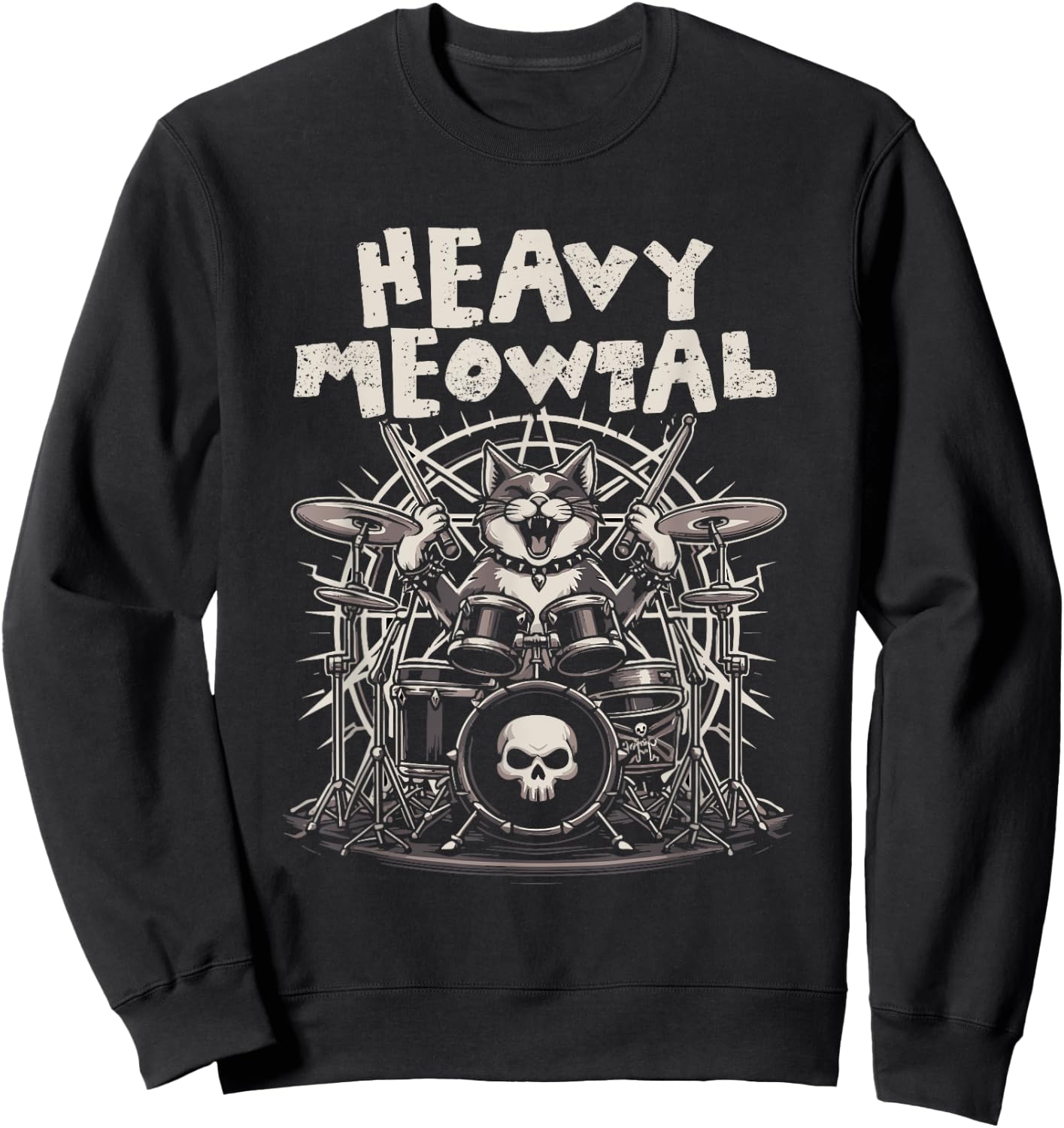Heavy Meowtal Funny Cat Playing Drums Drummer Cat Meow Men Women Girls Kids Sweatshirt - Sweatshirt | Black