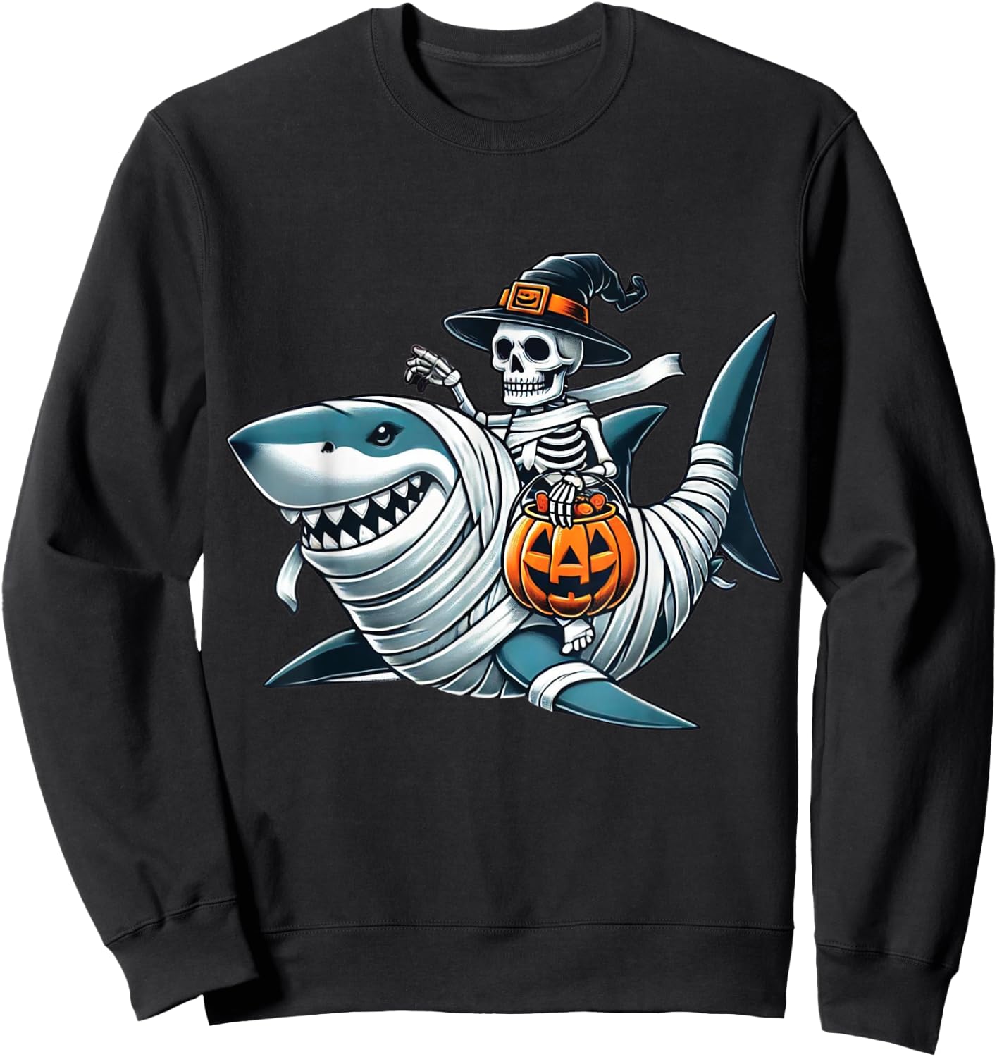 Skeleton Riding Shark Funny Halloween Pumpkin Boys Kids Sweatshirt - Sweatshirt | Black