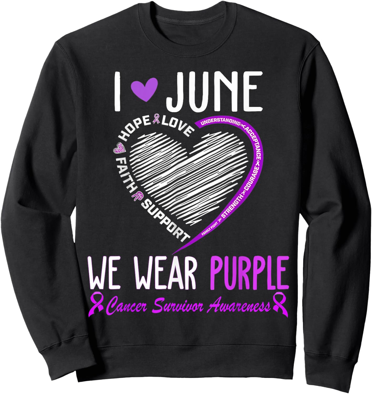 In June We Wear Purple Cancer Survivor Awareness Heart Sweatshirt - Sweatshirt | Black