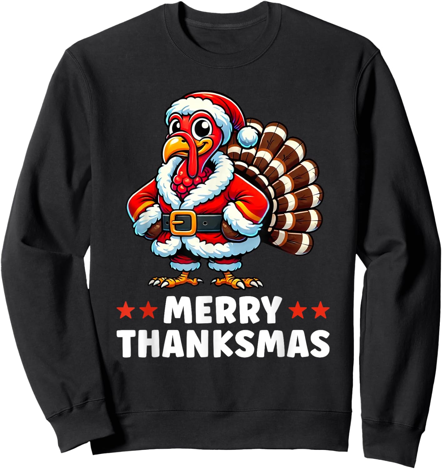 Merry Thanksmas Thanksgiving Turkey Xmas Funny Sweatshirt - Sweatshirt | Black