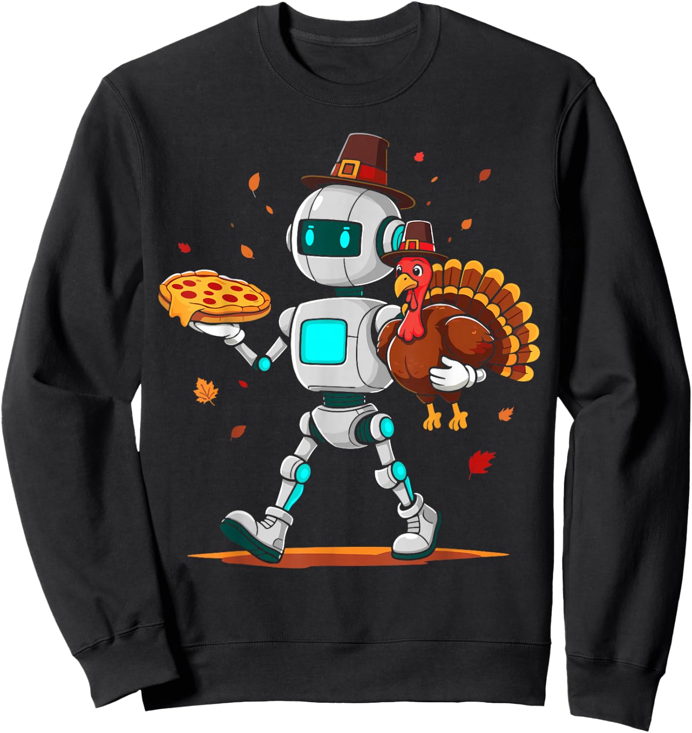 Robot holding turkey pizza thanksgiving fall kids men women Sweatshirt - Sweatshirt | Black