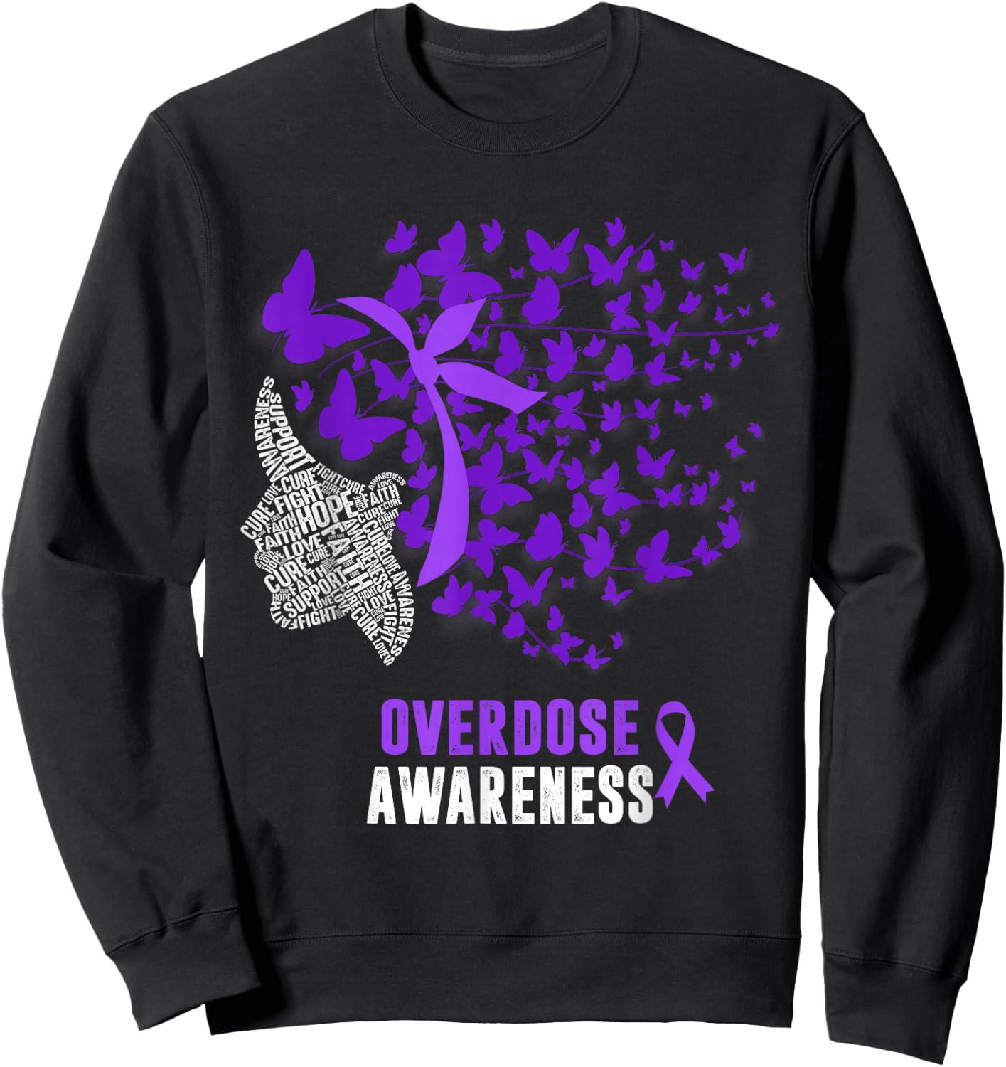 Overdose Awareness Month Butterfly Purple Ribbon Sweatshirt - Sweatshirt | Black