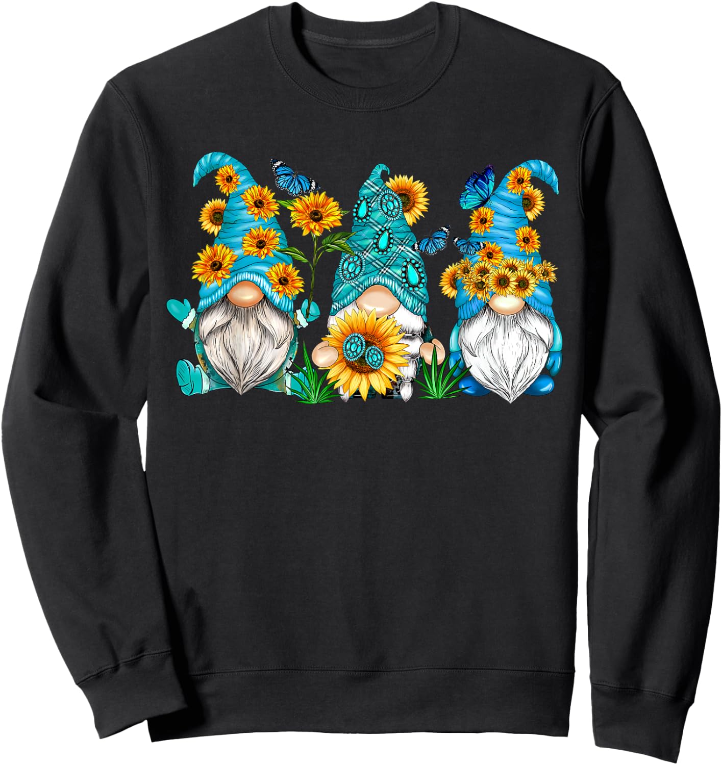 Cute Gnomes With Sunflower Butterfly Gardener Summer Floral Sweatshirt - Sweatshirt | Black
