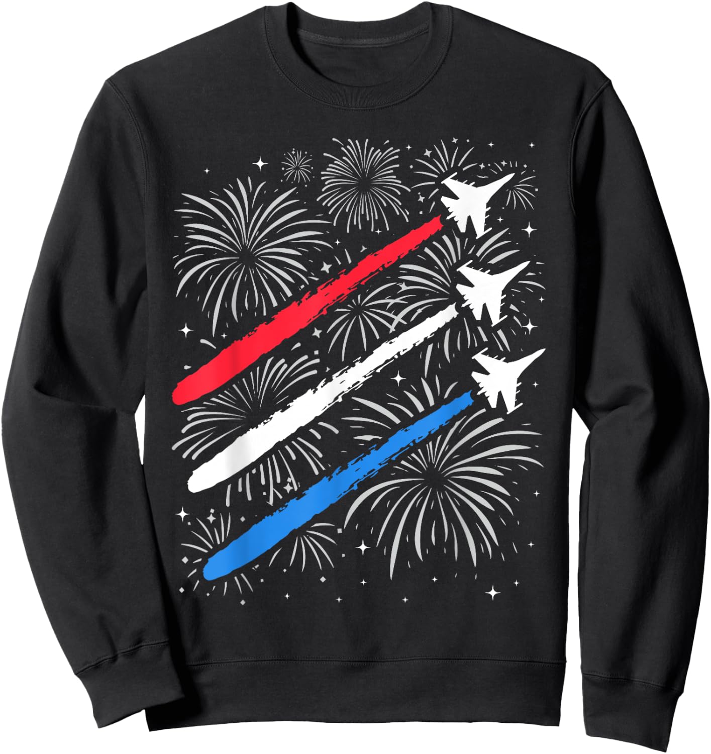Red White and Blue Fighter Jets with Fireworks 4th of July Sweatshirt - Sweatshirt | Black
