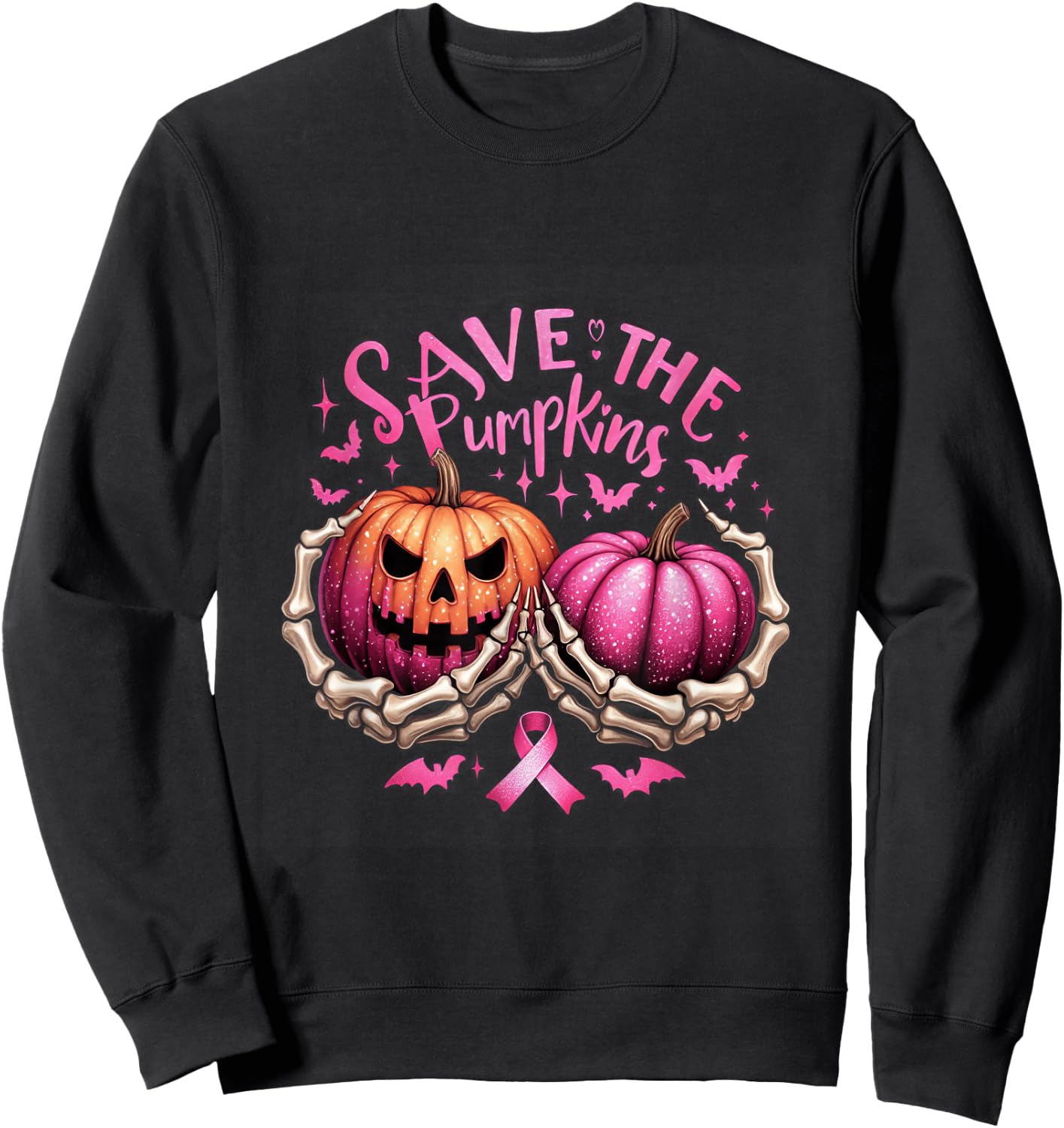Save The Pumpkins Skeleton Halloween Breast Cancer Awareness Sweatshirt - Sweatshirt | Black