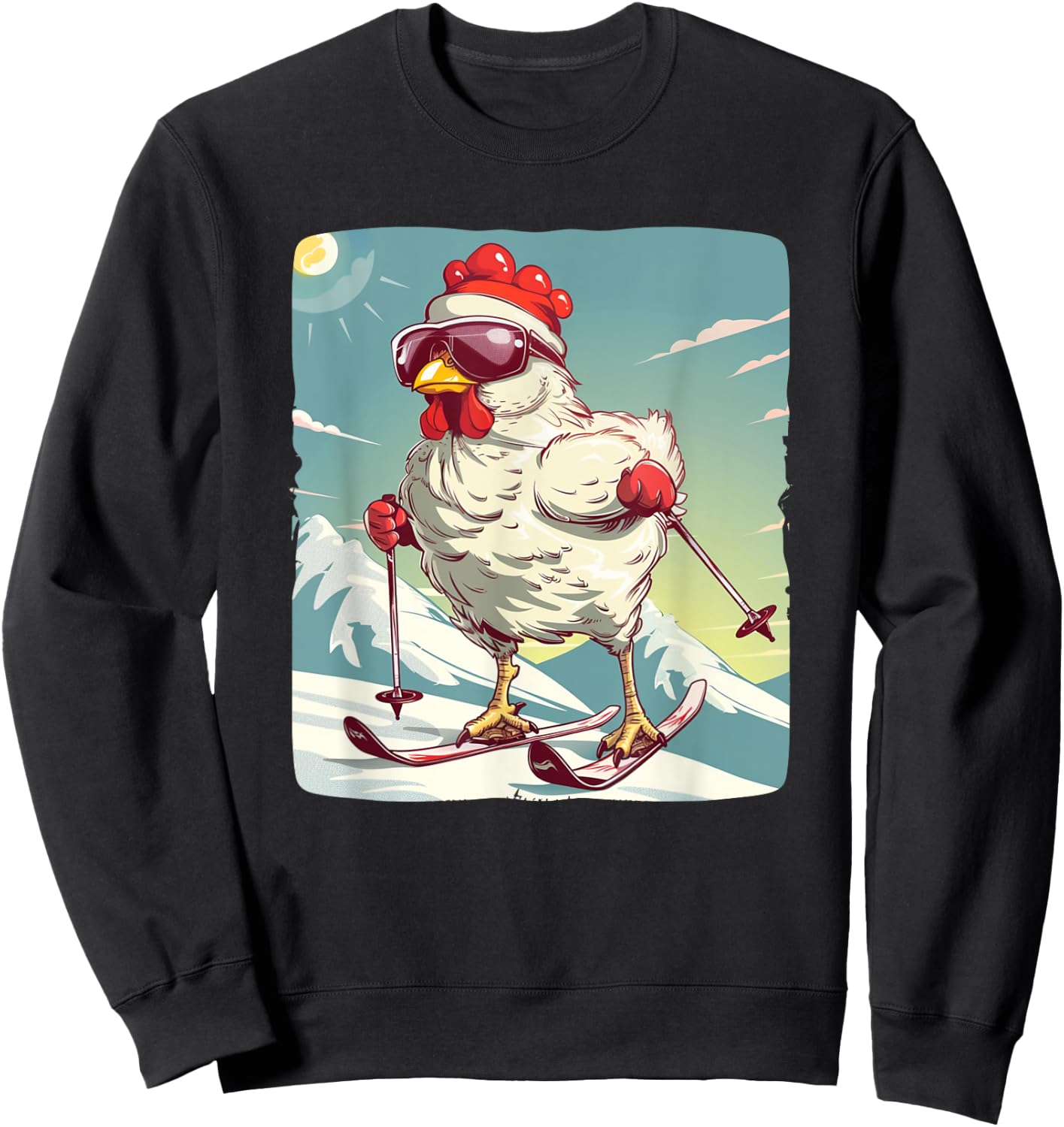 Funny Winter Chicken with Cross-country skiing Shoes Outfit Sweatshirt - Sweatshirt | Black