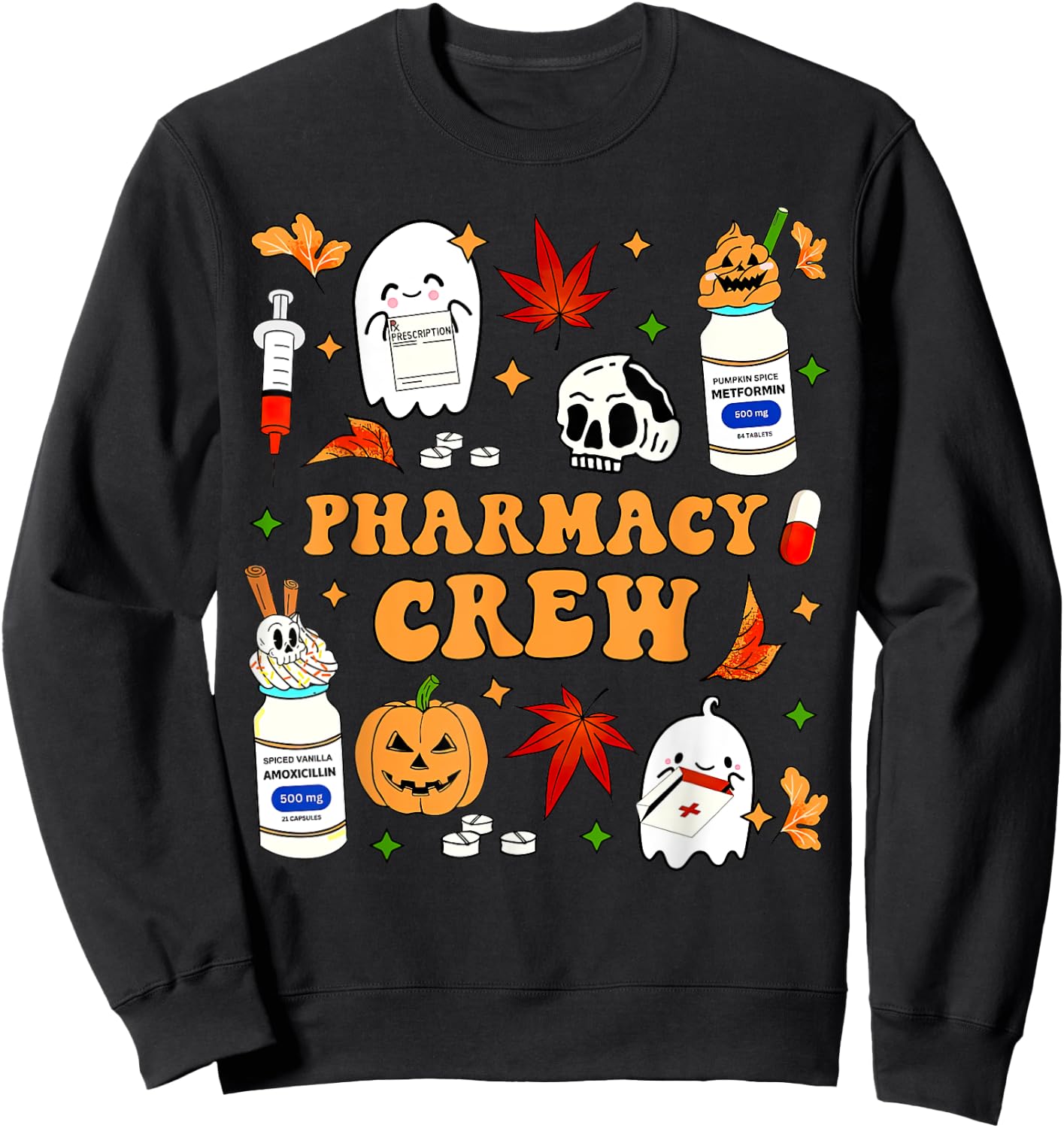 Pharmacy Crew Ghost Pumpkin Fall Pharmacist Tech Halloween Sweatshirt - Sweatshirt | Black