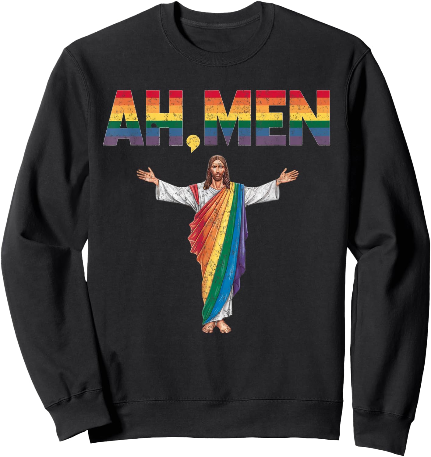 Ah-Men Funny Gay Pride Rainbow Jesus Graphic Sweatshirt - Sweatshirt | Black