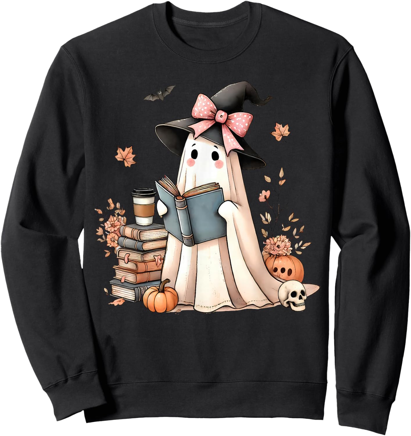 Retro Halloween Ghost Reading Books Teacher Sweatshirt - Sweatshirt | Black