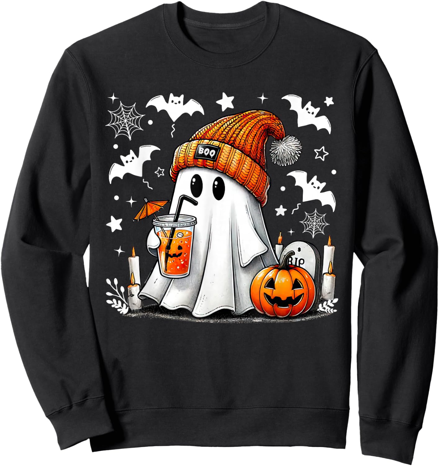 Cute Ghost Drinking Coffee Halloween Ghost Coffee Sweatshirt - Sweatshirt | Black