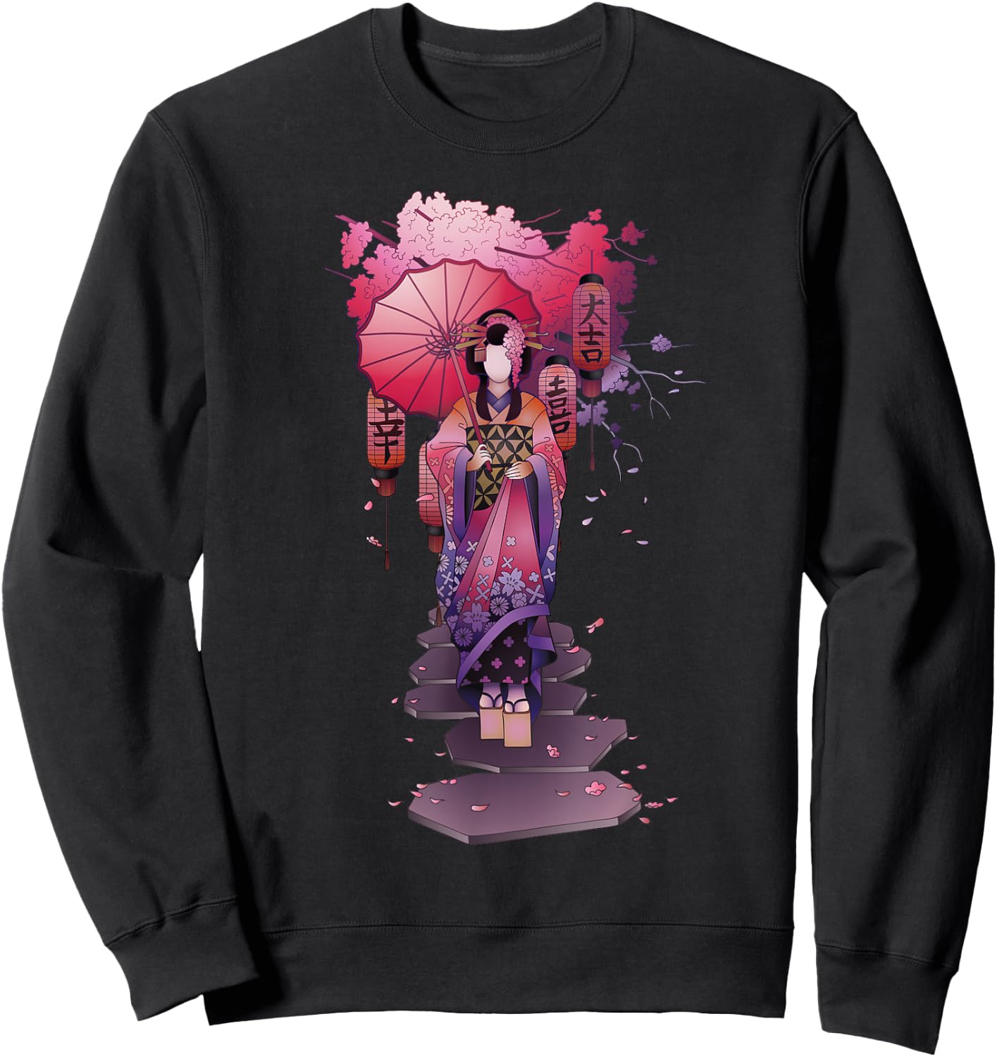 Vintage Japanese Kawaii Geisha Girl in Kimono Japan Art Sweatshirt - Sweatshirt | Black
