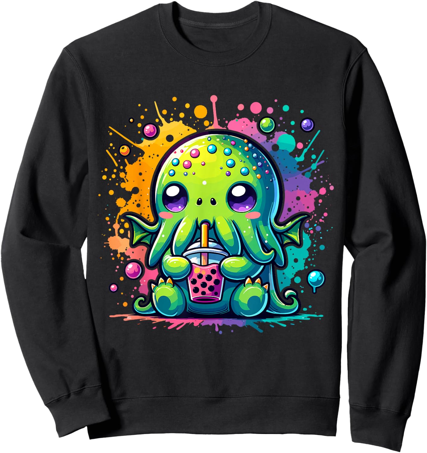 Cthulhu Kawaii Anime Alien Bubble Tea Sweatshirt - Sweatshirt | Black