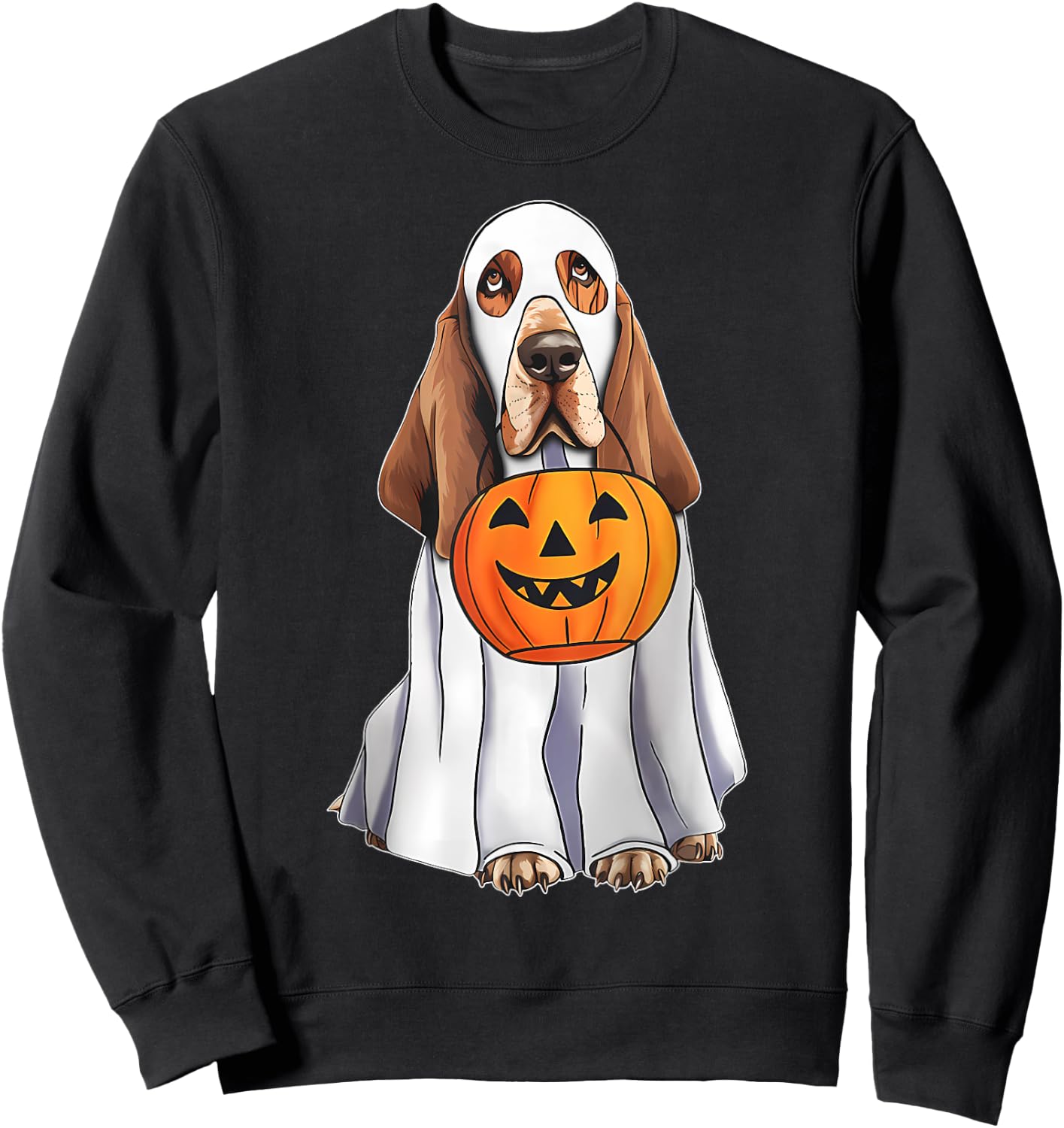 Basset Hound Ghost Pumpkin Halloween Costume Fall Sweatshirt - Sweatshirt | Black