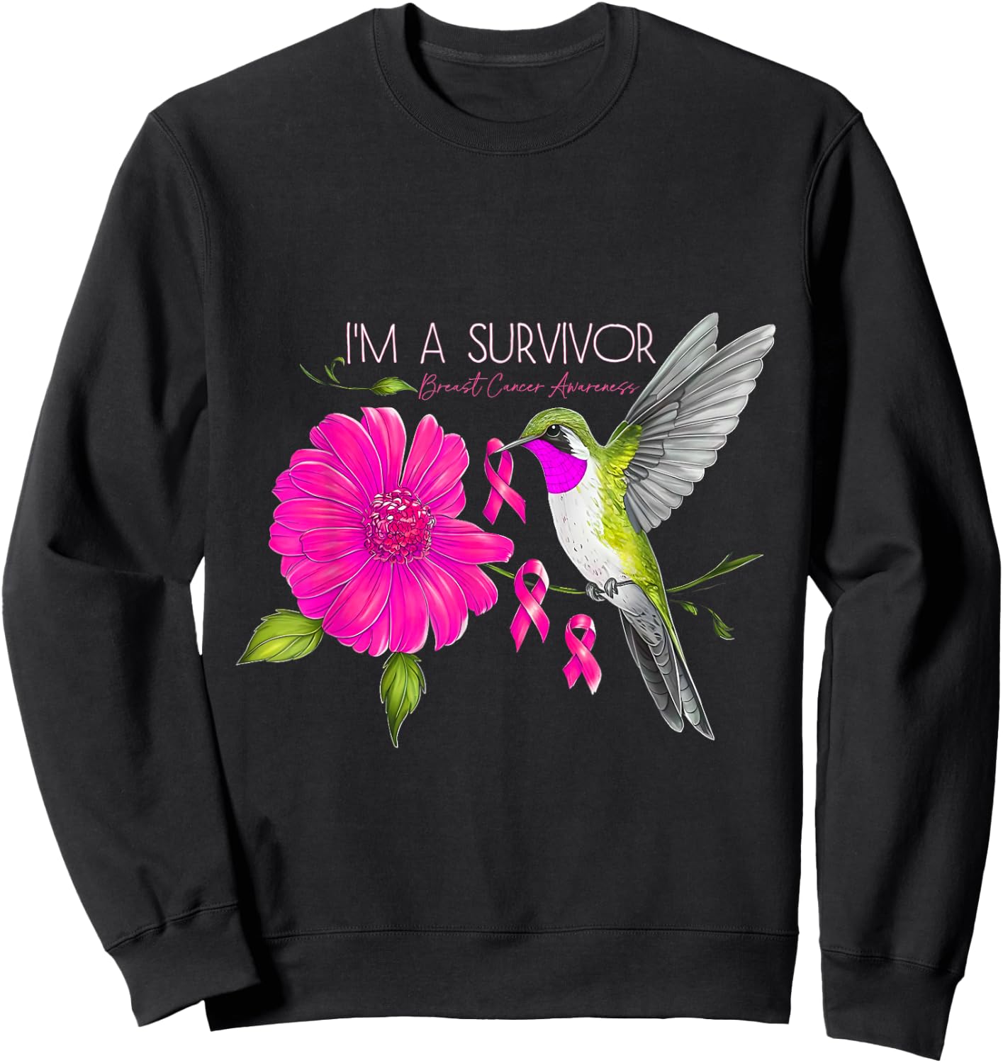 Hummingbird Sunflower I'm A Survivor Breast Cancer Awareness Sweatshirt - Sweatshirt | Black