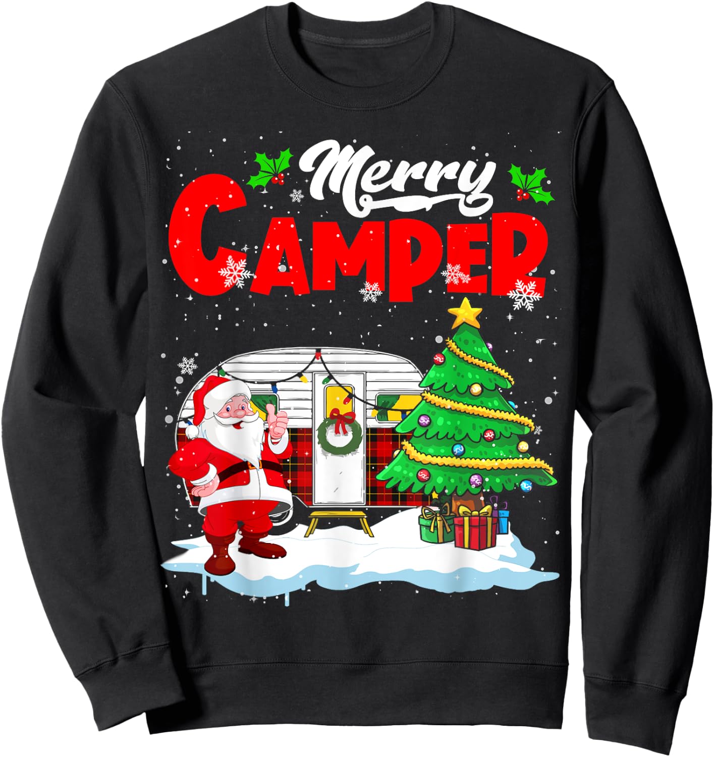 Merry Camper Christmas Santa Camper Camping Truck Red Plaid Sweatshirt - Sweatshirt | Black
