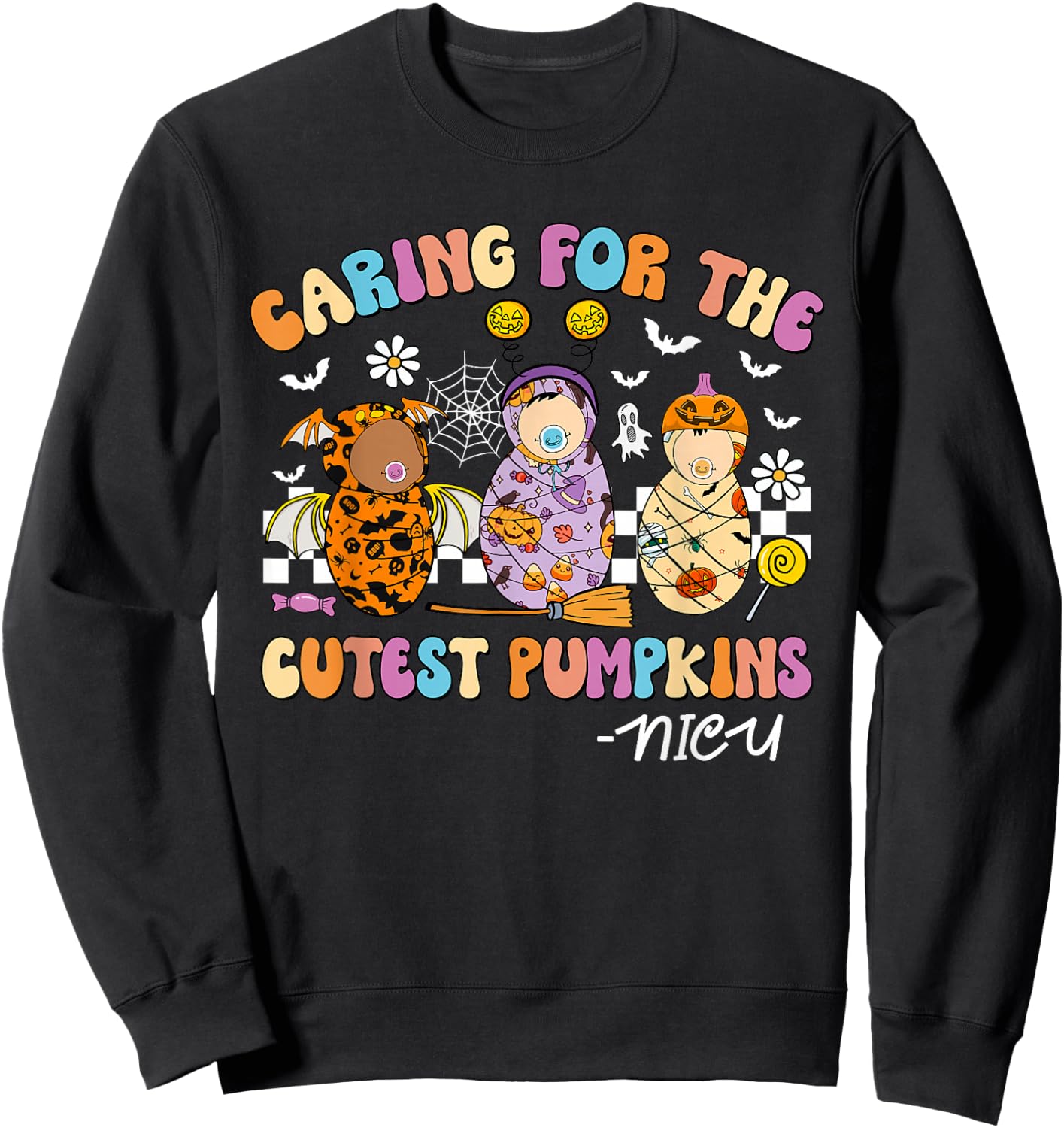 Retro Caring for The Cutest Pumpkins NiCU Nurse Halloween Sweatshirt - Sweatshirt | Black