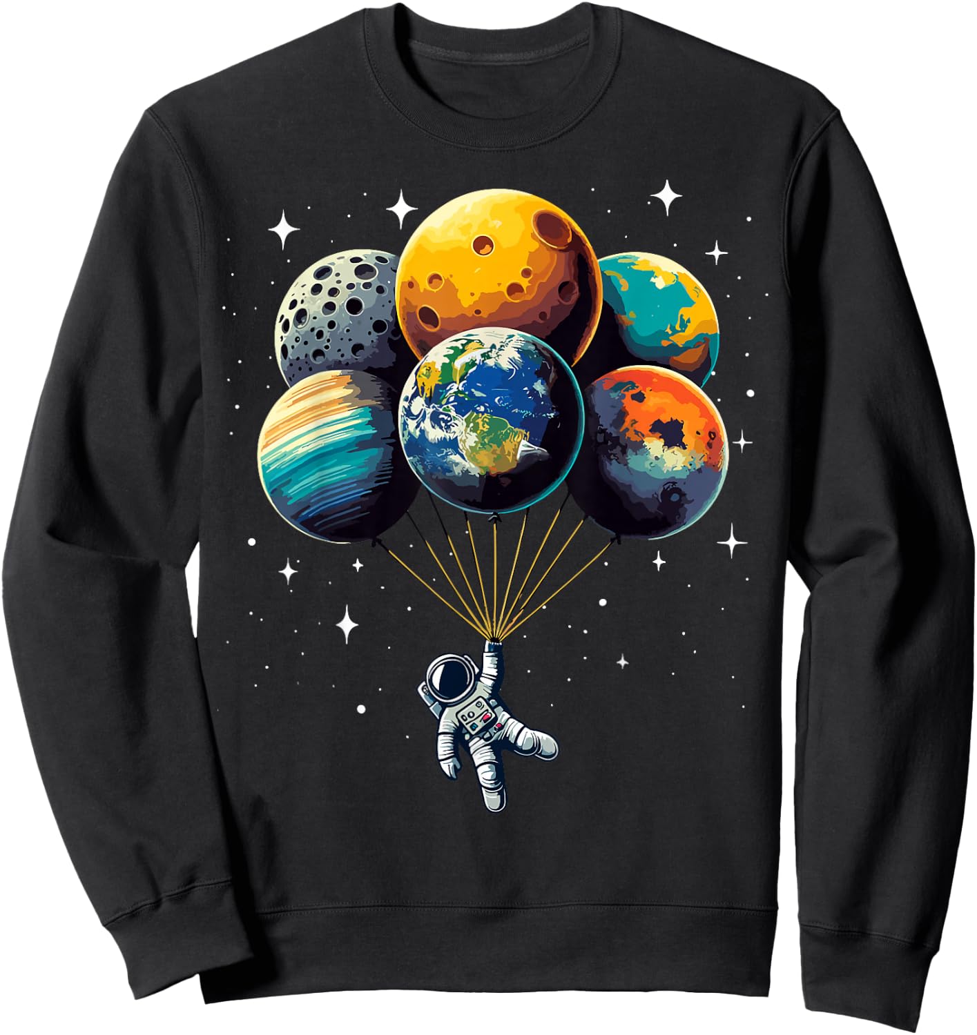 Astronaut Holding Planet Balloons Kids Solar System Space Sweatshirt - Sweatshirt | Black