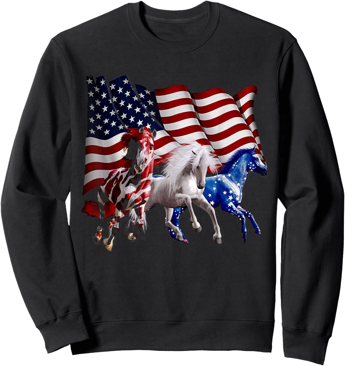 Happy 4th Of July American Flag Red White Horse And Blue Sweatshirt - Sweatshirt | Black