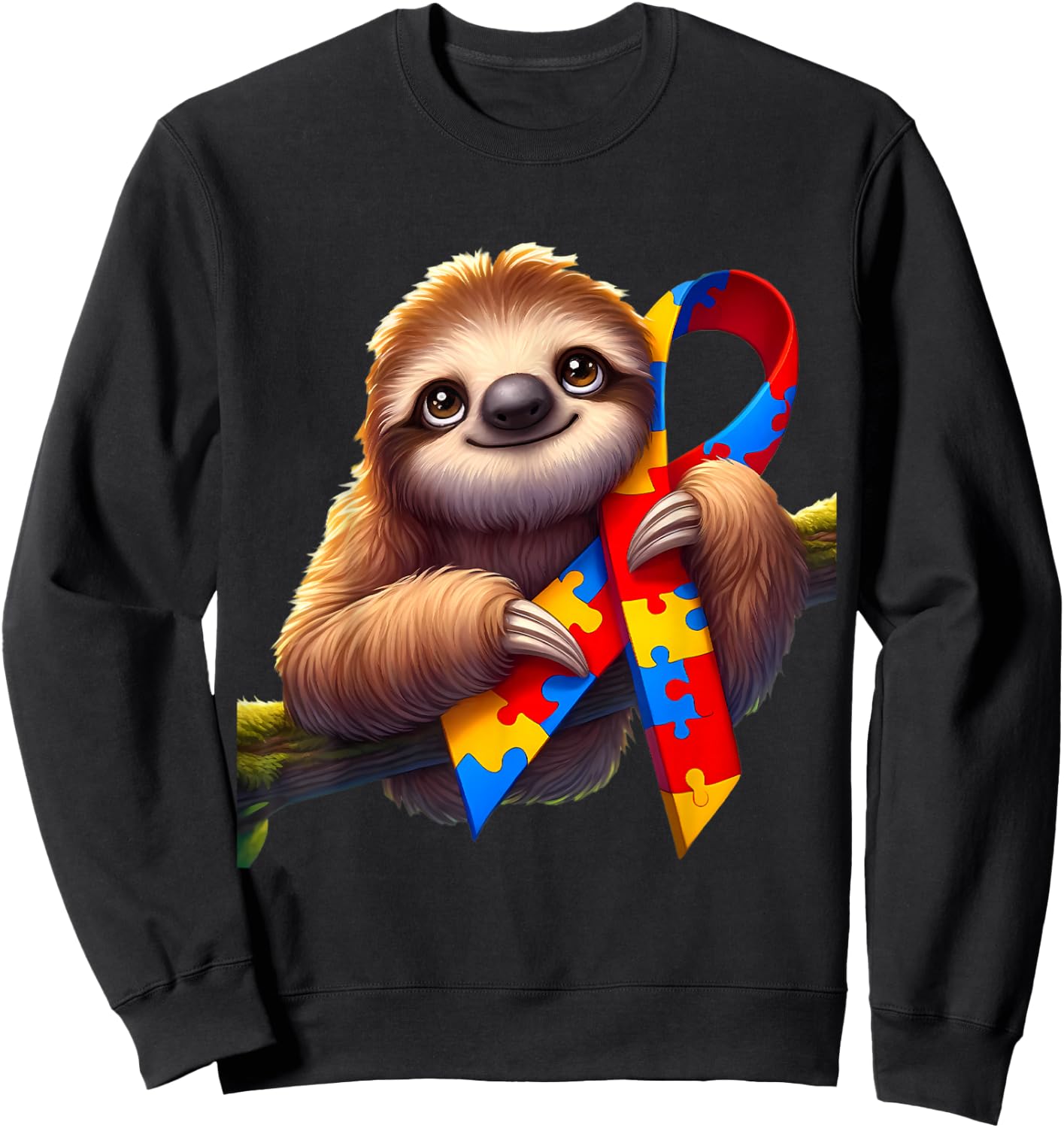 Autism Awareness Cute Sloth Yellow Red Blue Animal Ribbon Sweatshirt - Sweatshirt | Black
