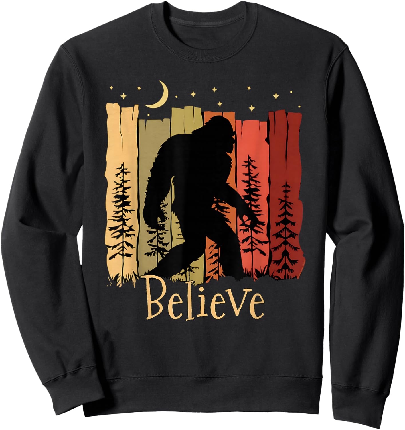 Bigfoot with Trees Moon Stars Sasquatch Believe Bigfoot Sweatshirt - Sweatshirt | Black