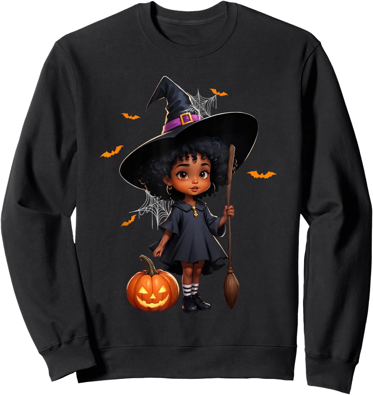 African American Black Girl Cute Witch Halloween Pumpkin Sweatshirt - Sweatshirt | Black