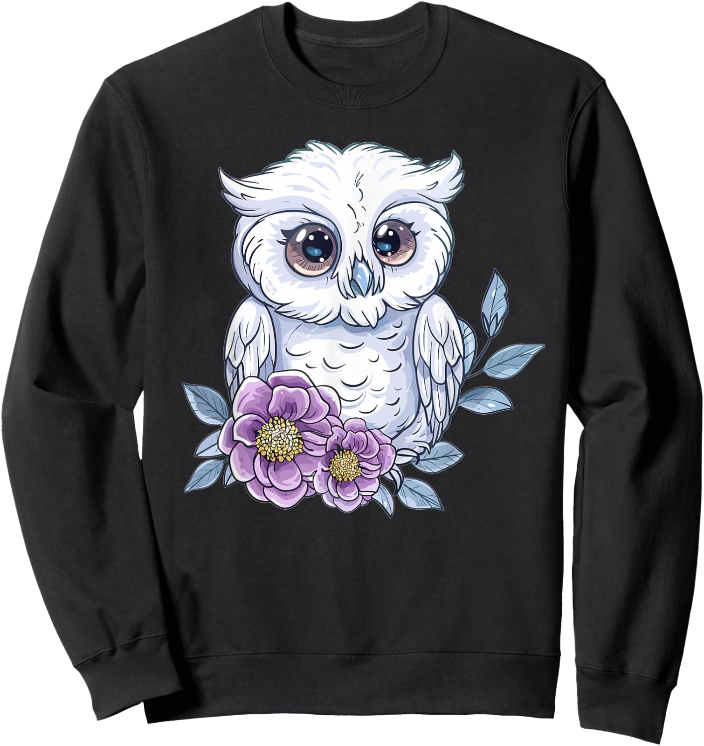 Cute Snowy Owl With Flowers I Snowy Owl Sweatshirt - Sweatshirt | Black