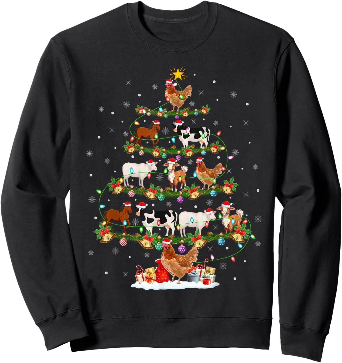 Chicken Cow Goat Horse Farm Animal Farmer Christmas Tree Sweatshirt - Sweatshirt | Black