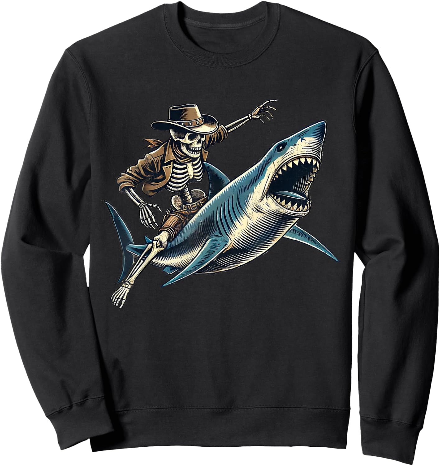 Skeleton Rodeo Shark Funny Vintage Skeleton Riding Shark Sweatshirt - Sweatshirt | Black